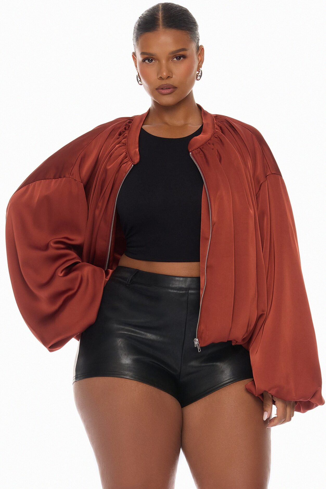 Marianna Balloon Sleeve Satin Jacket - Cognac