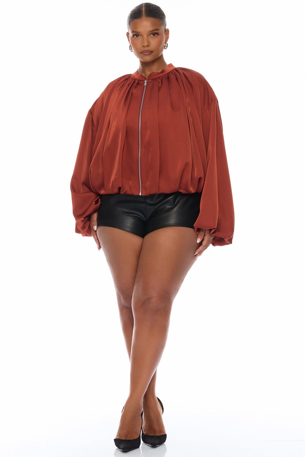 Marianna Balloon Sleeve Satin Jacket - Cognac
