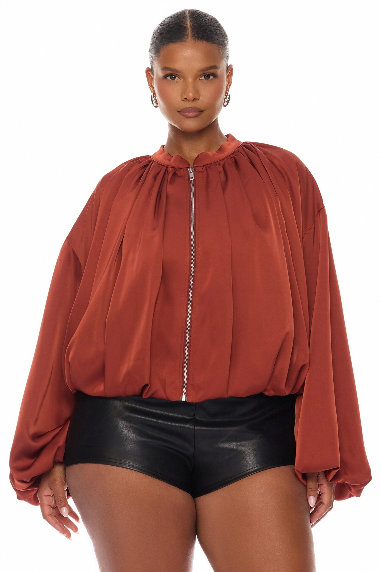 Marianna Balloon Sleeve Satin Jacket - Cognac