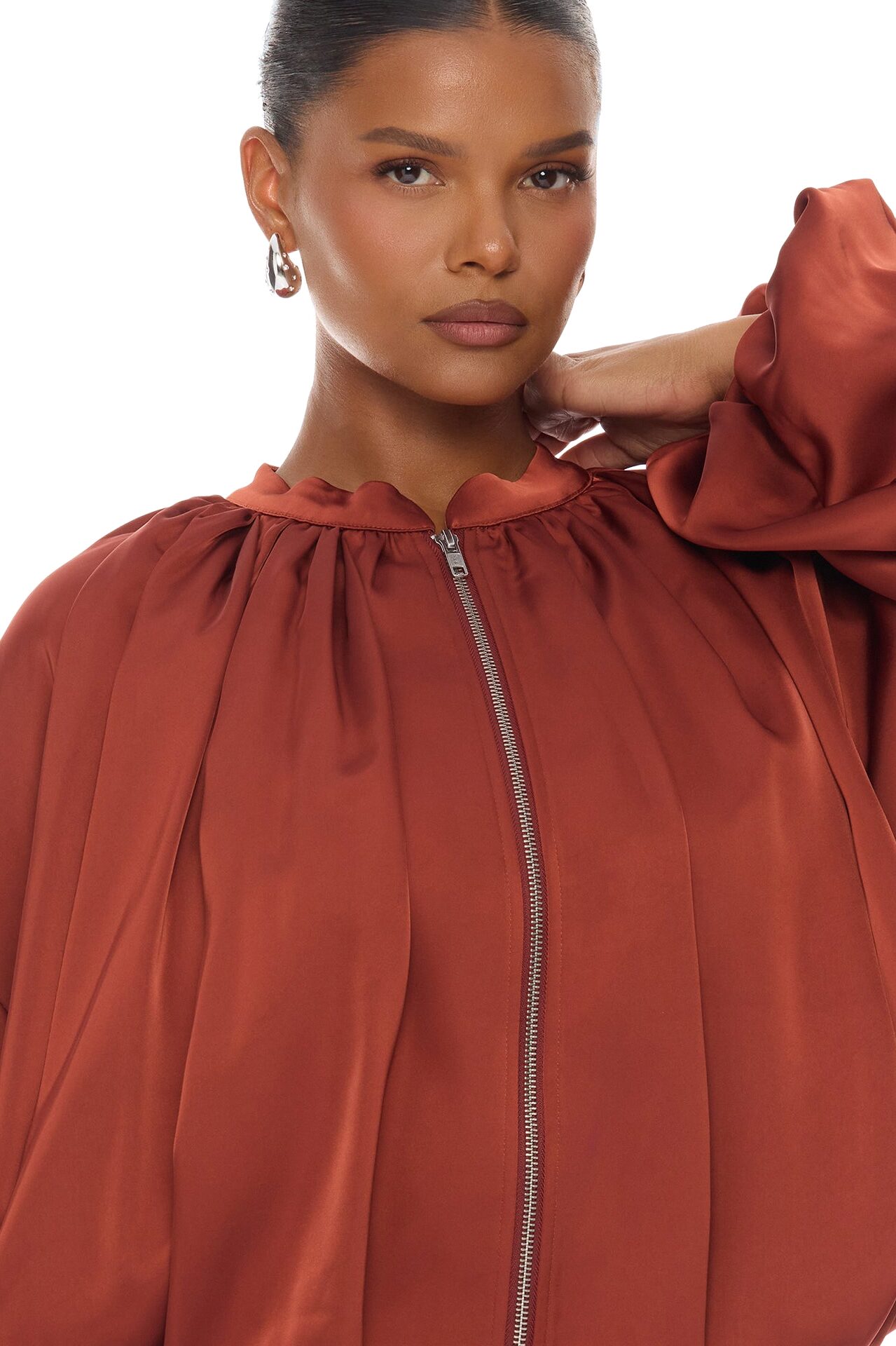 Marianna Balloon Sleeve Satin Jacket - Cognac