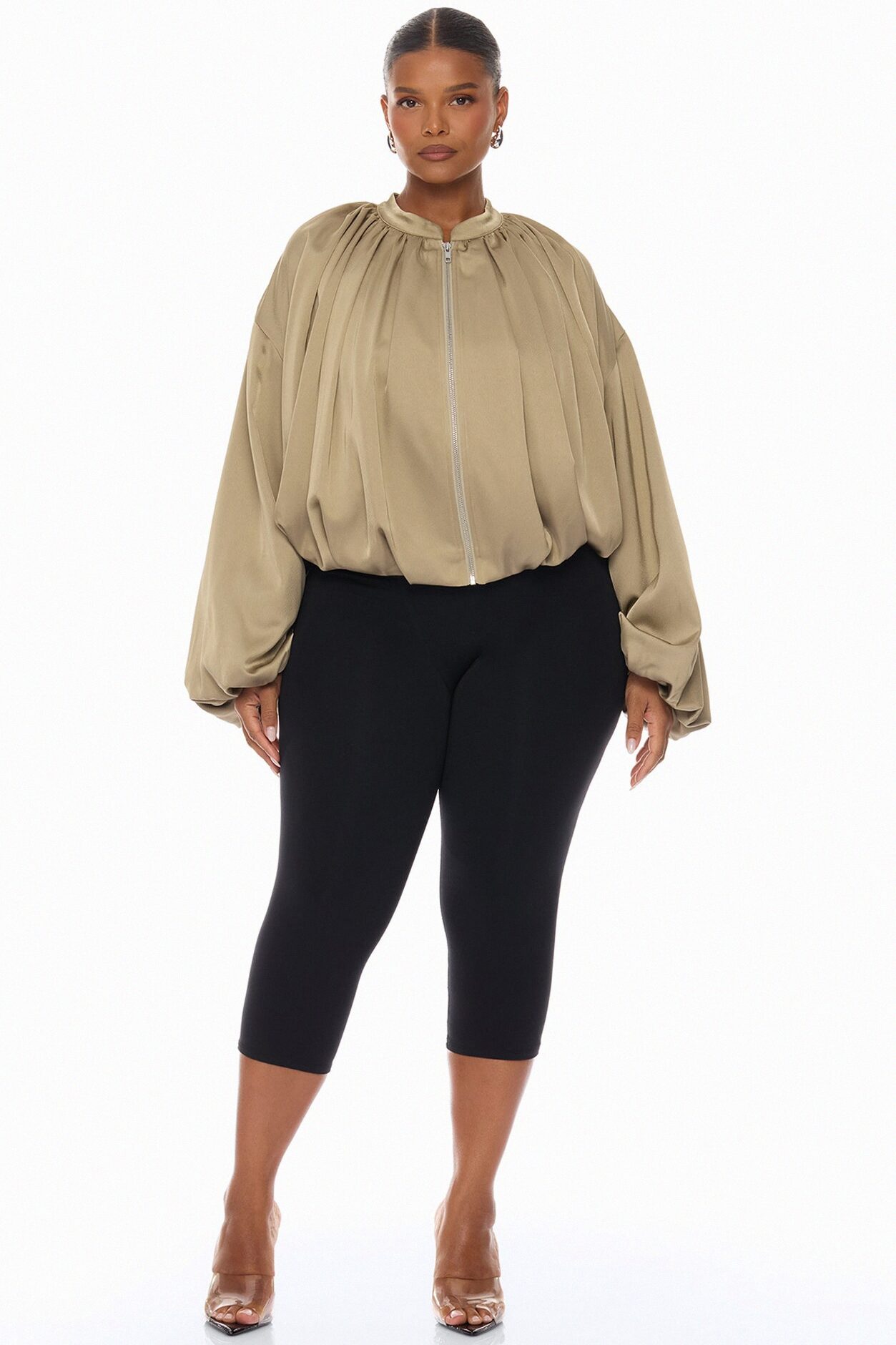 Marianna Balloon Sleeve Satin Jacket - Sage