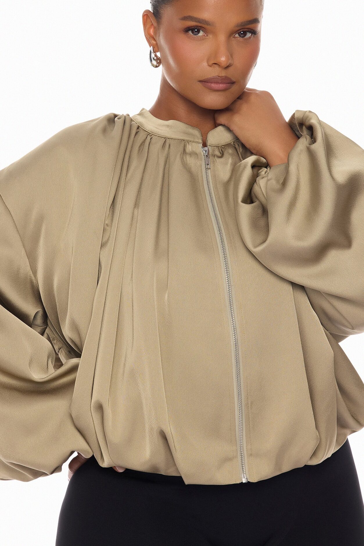 Marianna Balloon Sleeve Satin Jacket - Sage