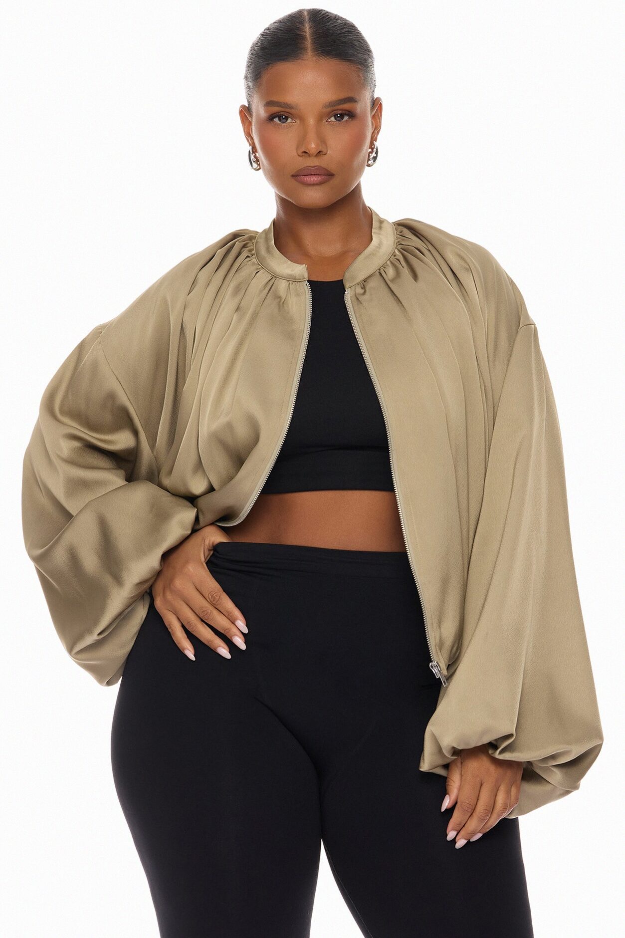 Marianna Balloon Sleeve Satin Jacket - Sage