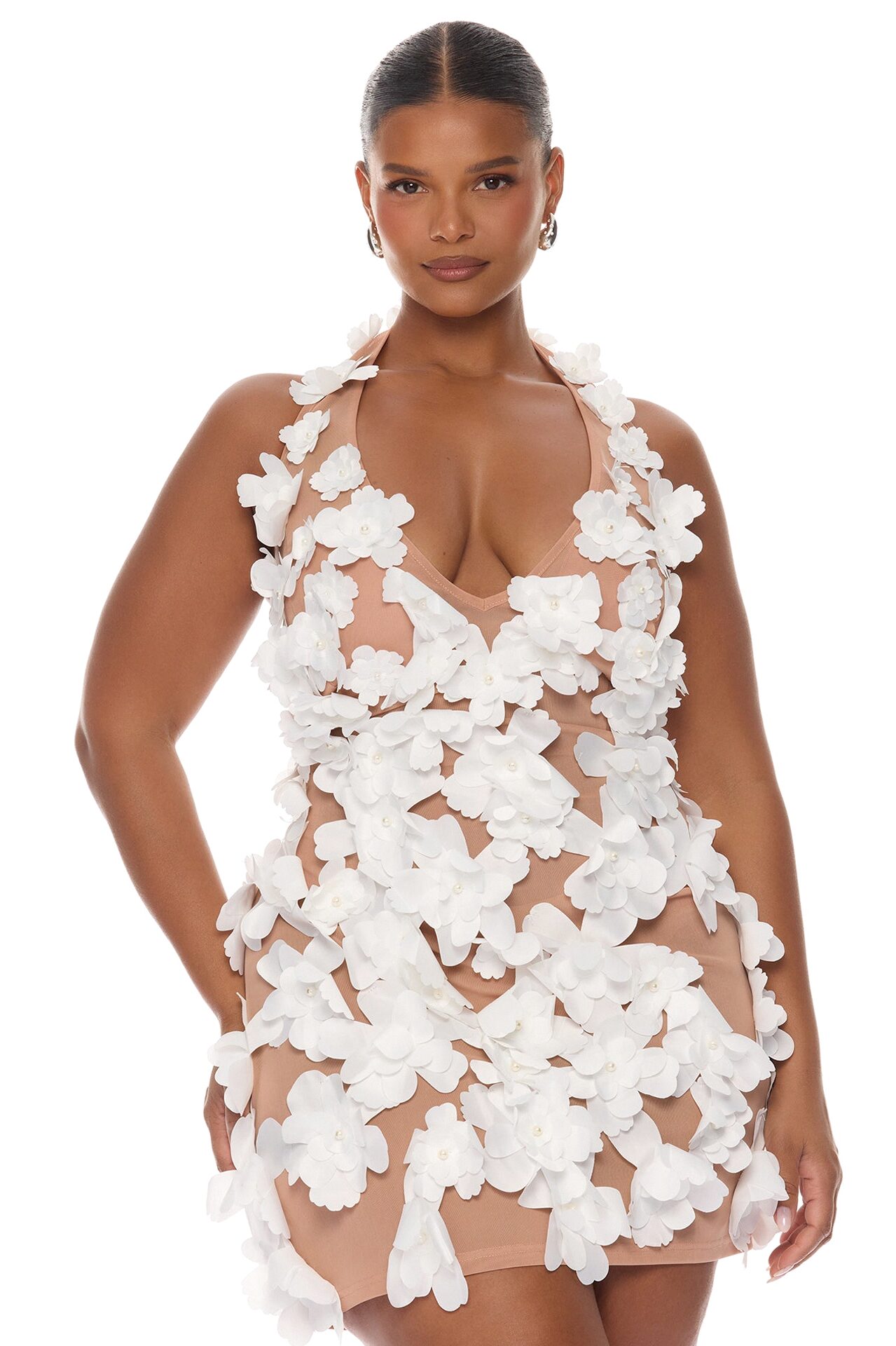 Forbidden Garden Floral Applique Mini Dress - White