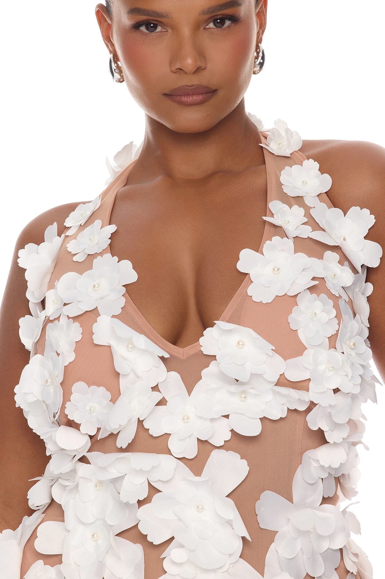 Forbidden Garden Floral Applique Mini Dress - White