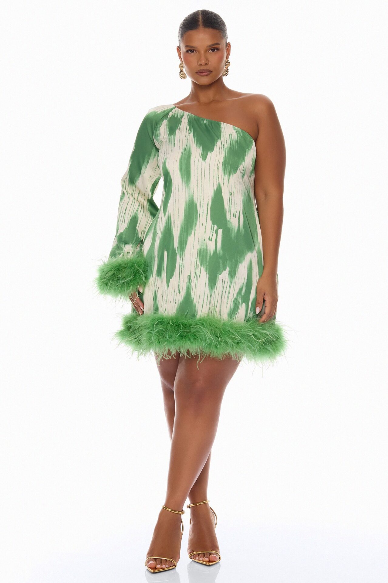 Freya Feathered Satin Mini Dress - Green/combo