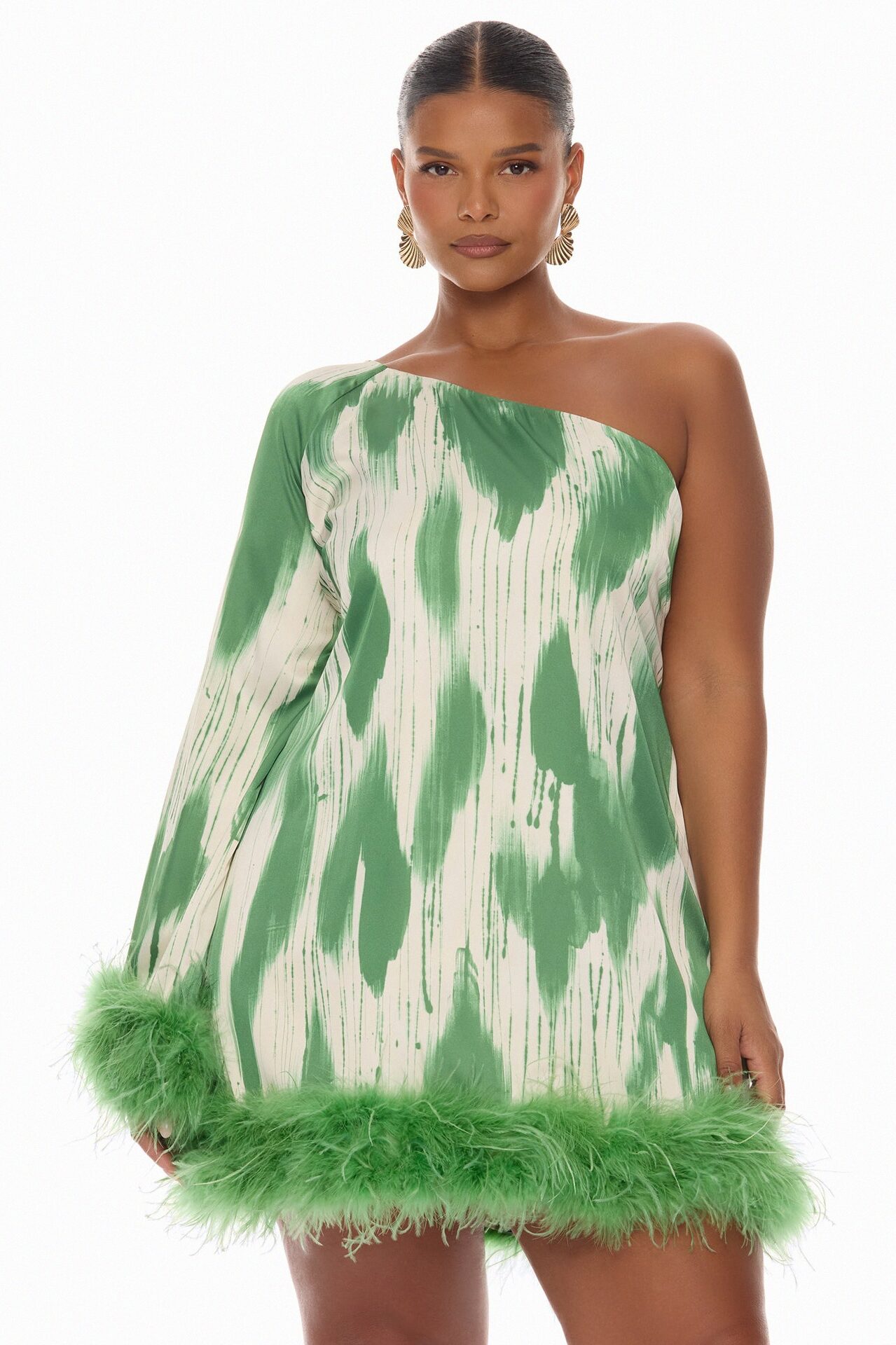 Freya Feathered Satin Mini Dress - Green/combo
