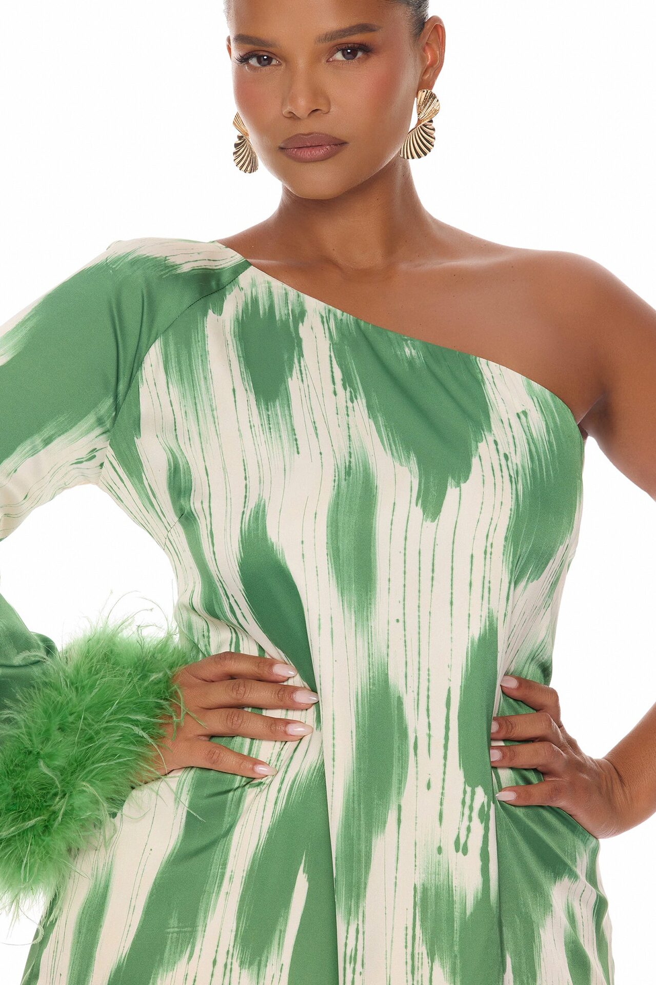 Freya Feathered Satin Mini Dress - Green/combo