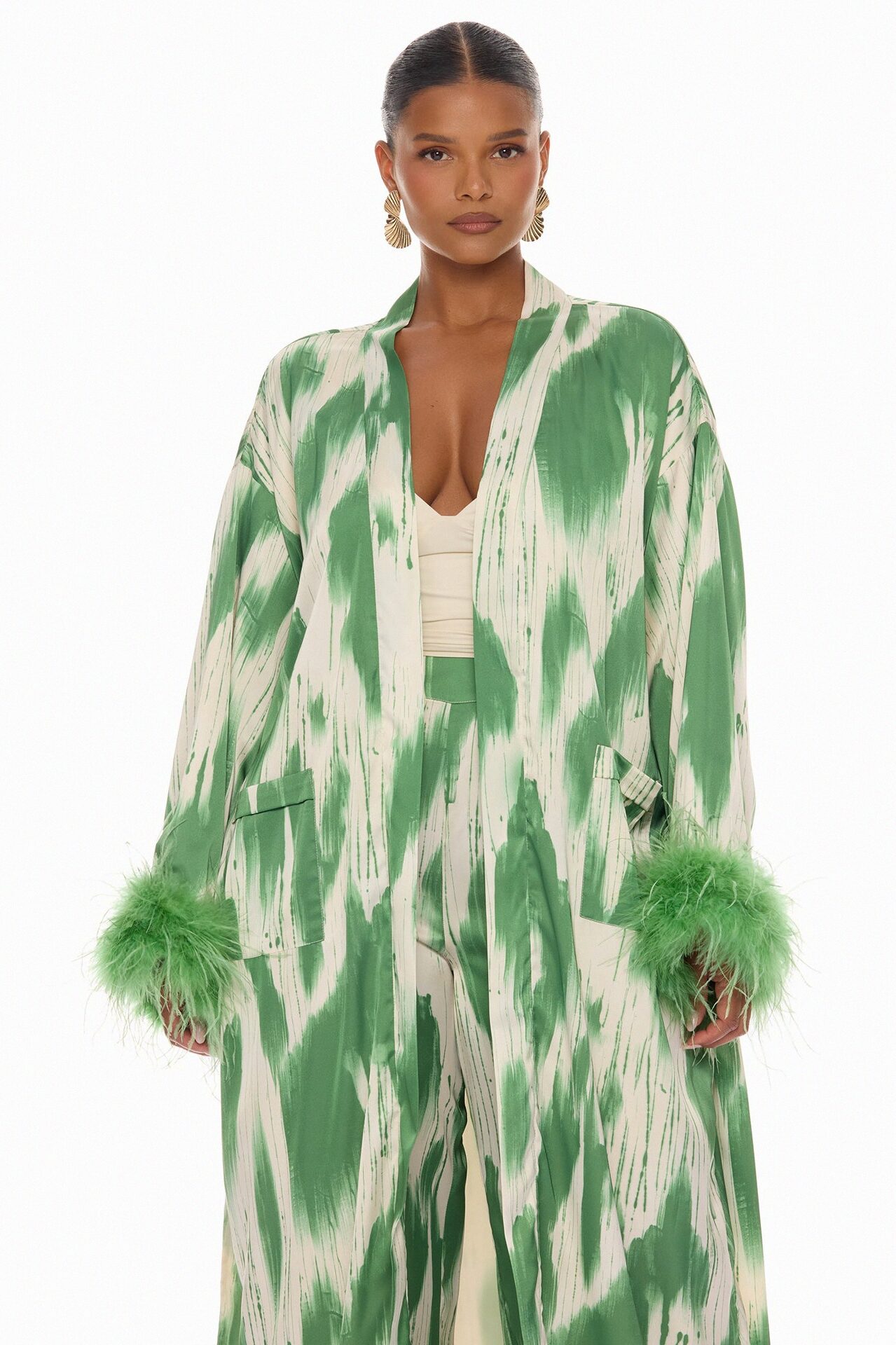 Freya Feathered Satin Kimono Pant 2 Piece Set - Green/combo