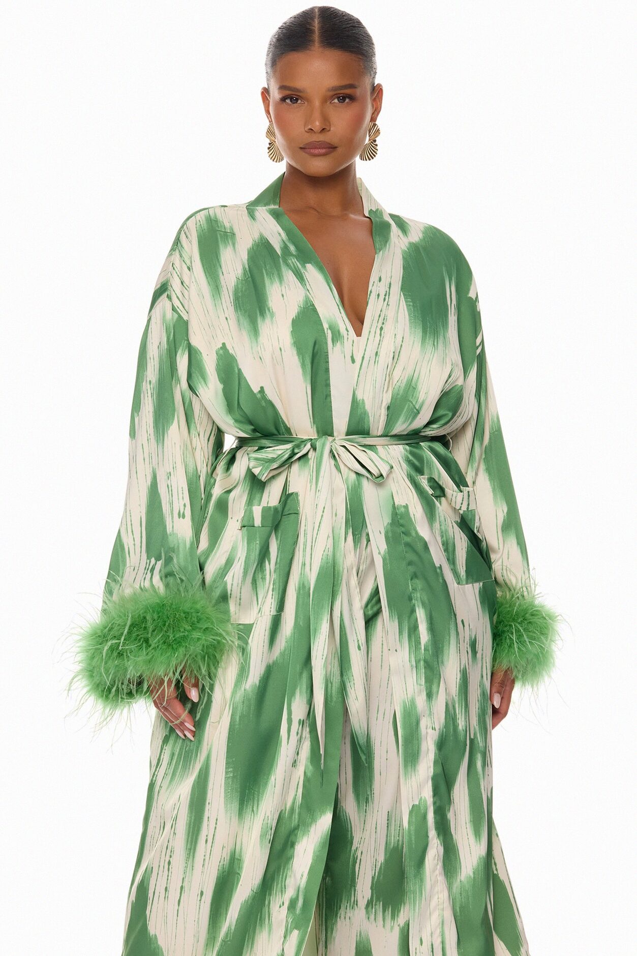 Freya Feathered Satin Kimono Pant 2 Piece Set - Green/combo