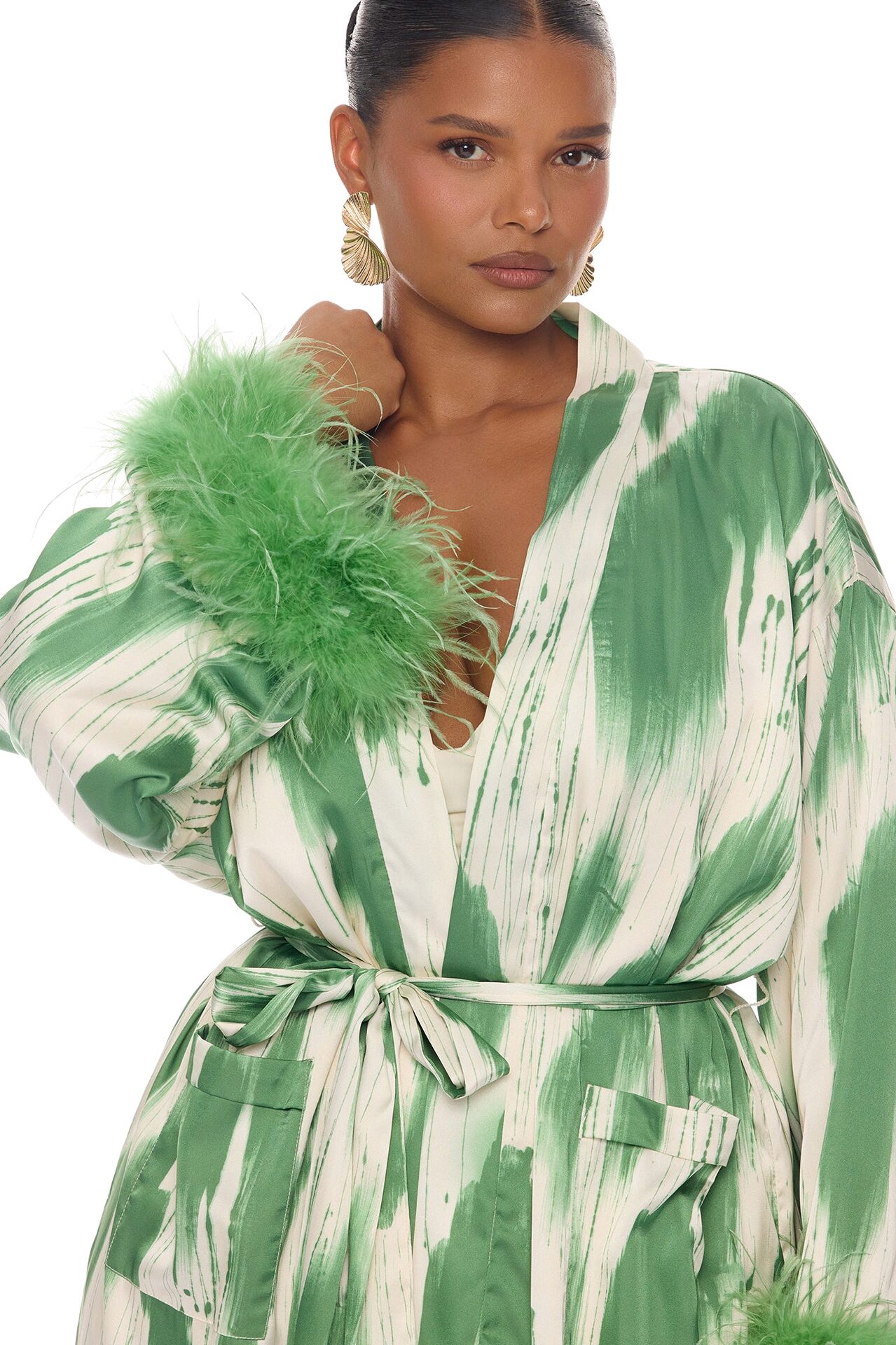 Freya Feathered Satin Kimono Pant 2 Piece Set - Green/combo