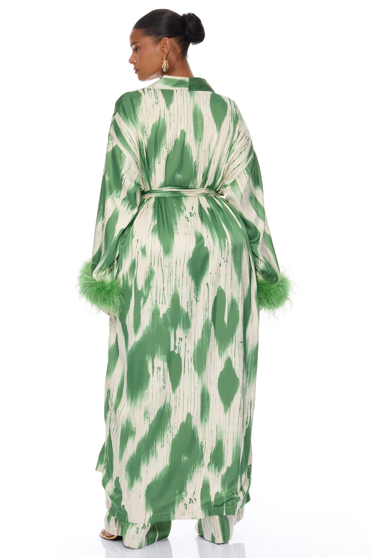 Freya Feathered Satin Kimono Pant 2 Piece Set - Green/combo
