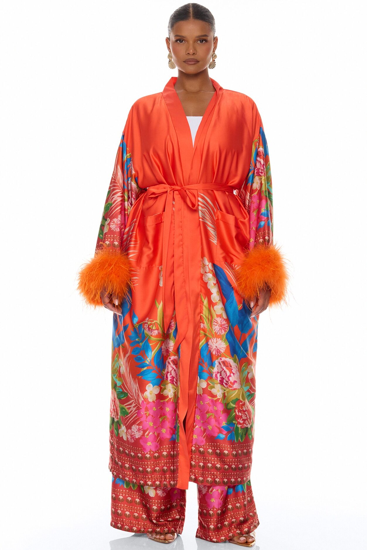 Kassidy Feathered Satin Pant 2 Piece Set - Orange
