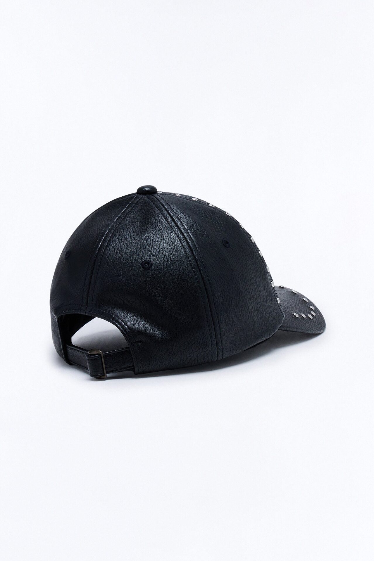 Faux Leather Studded Snapback Hat - Black