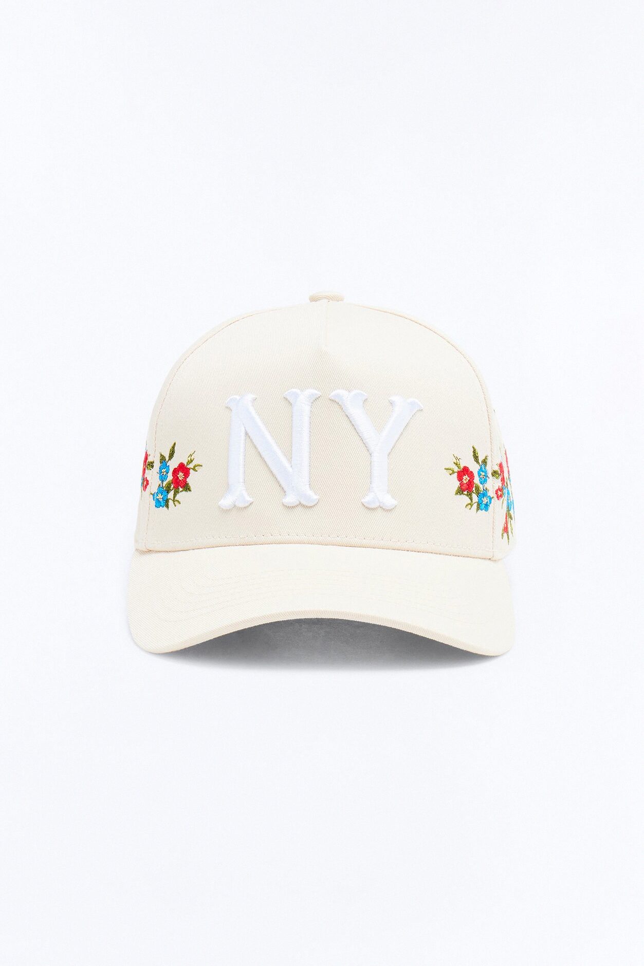 NY Flower Embroidery Cotton Twill Snapback Hat - Stone