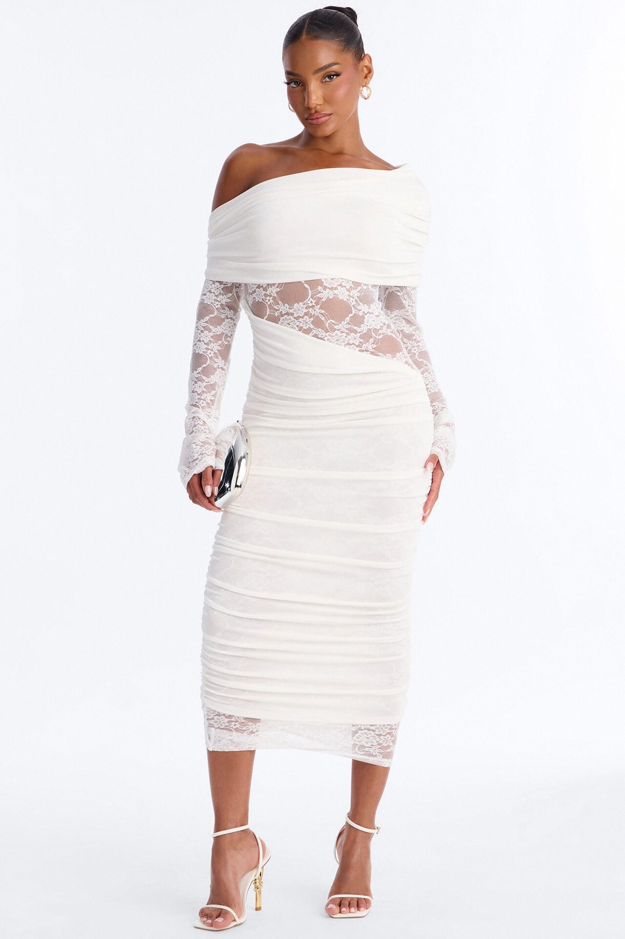 Nadia Lace Slinky Midi Dress - White