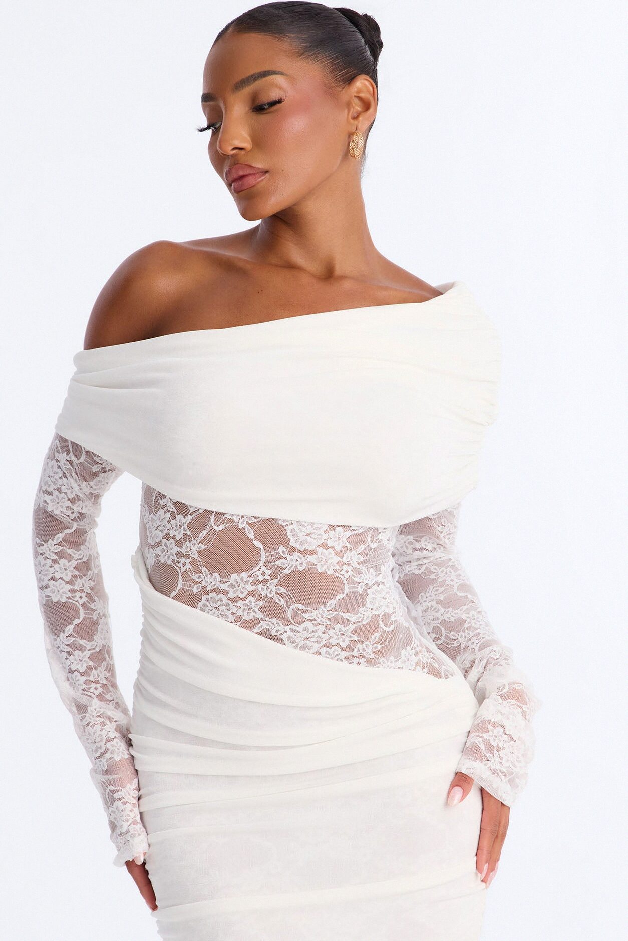 Nadia Lace Slinky Midi Dress - White
