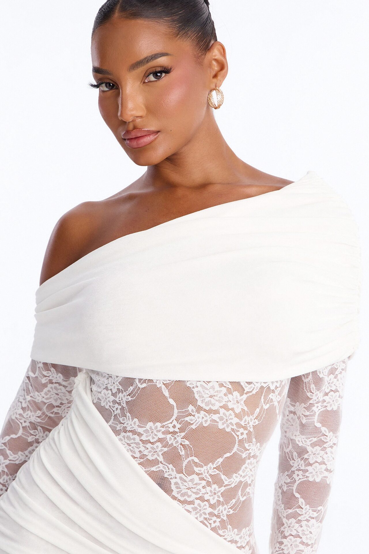 Nadia Lace Slinky Midi Dress - White