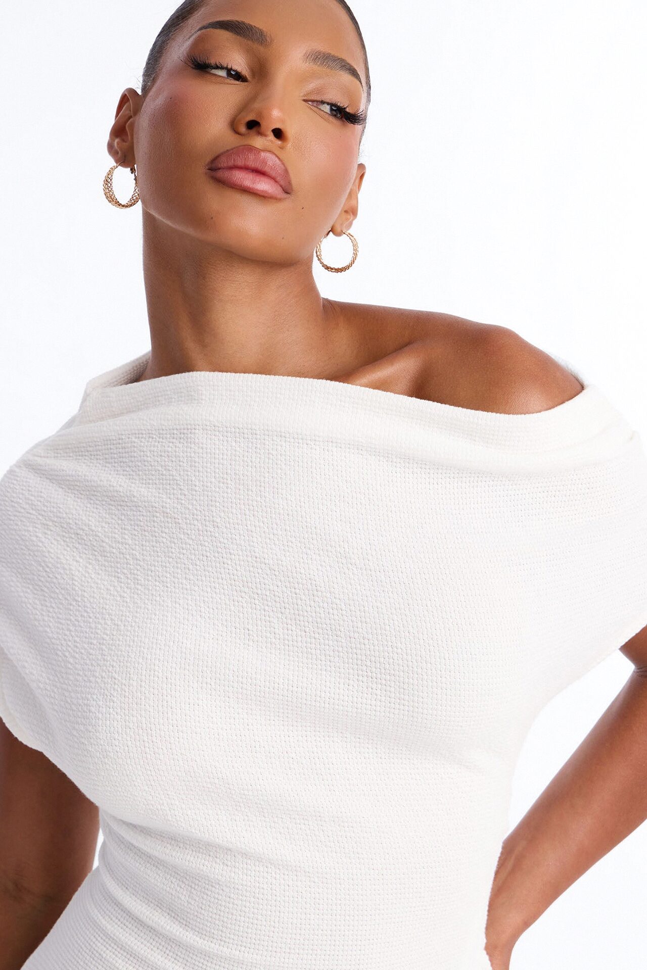 Milena Asymmetrical Textured Midi Dress - White