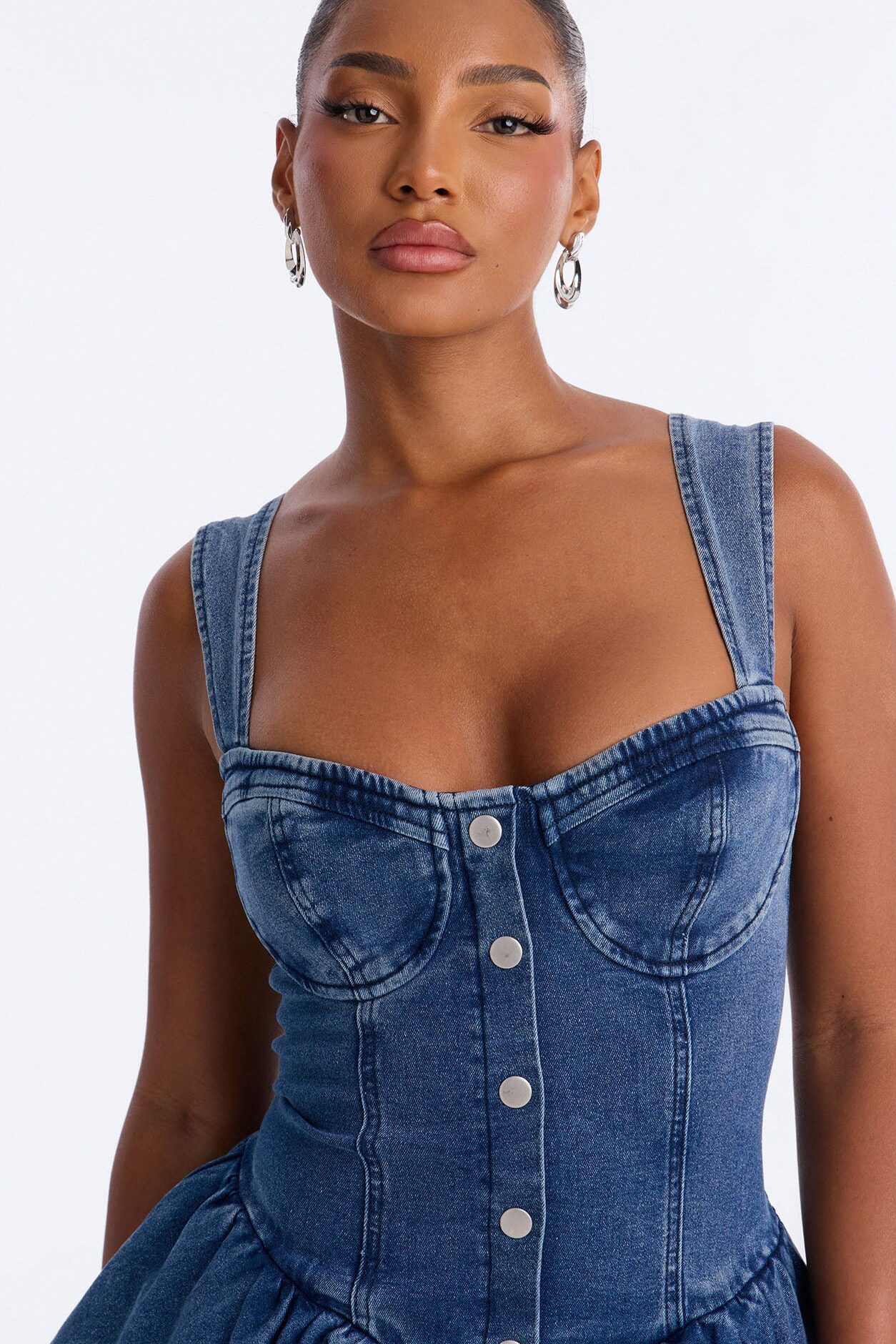 Allie Ruffle Stretch Denim Micro Mini Dress - Medium Wash