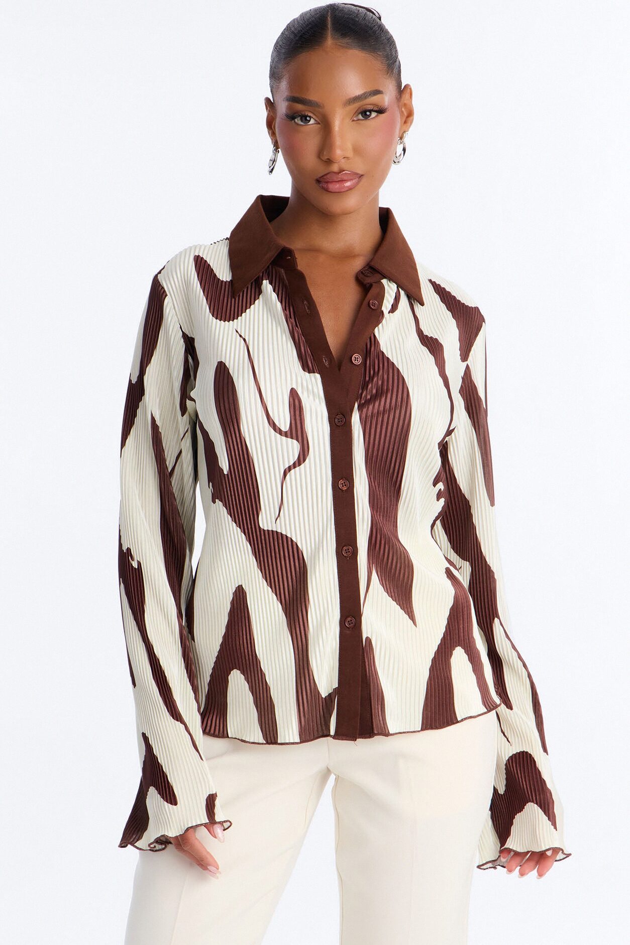 Zahara Button Up Top - Brown/combo