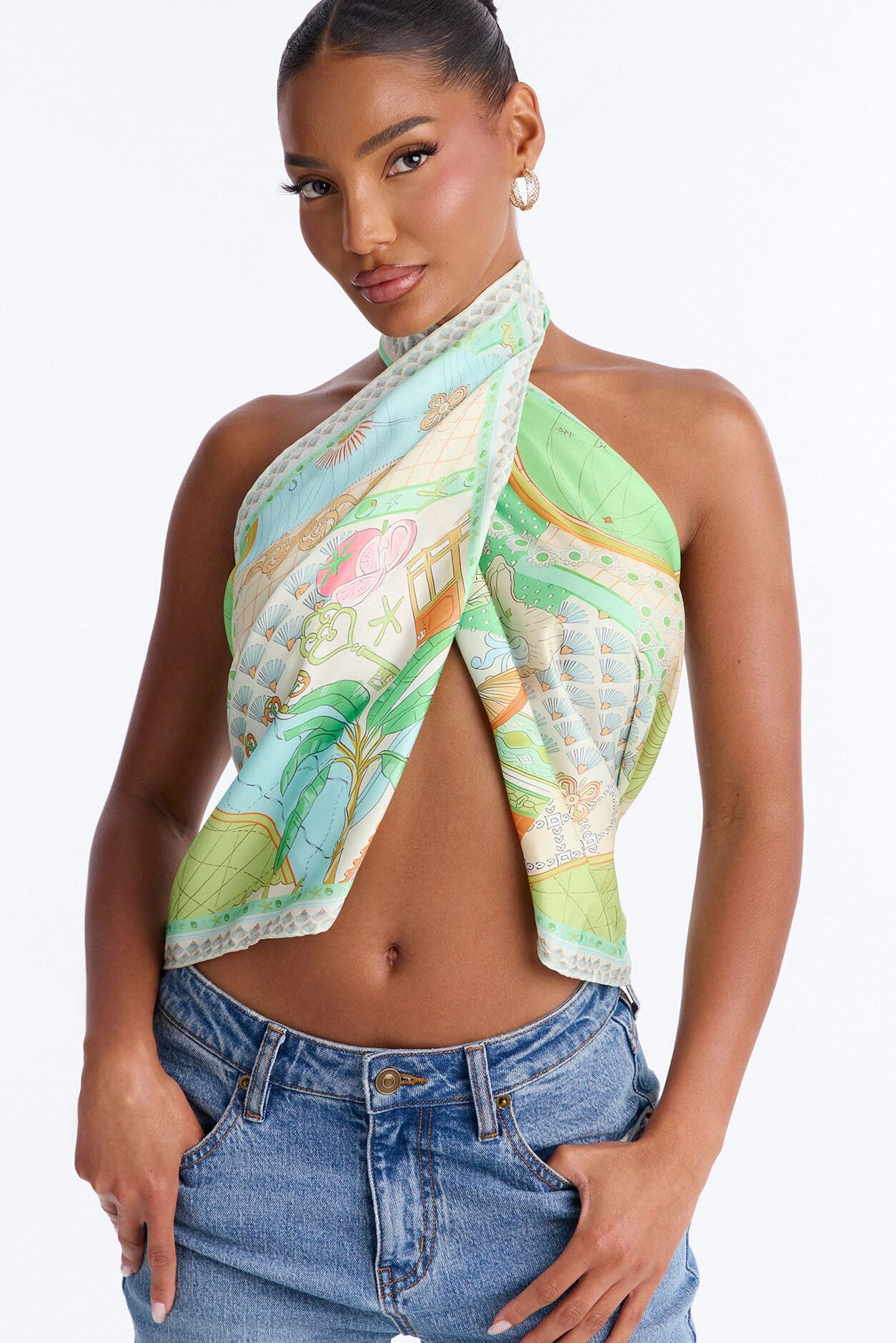 Muse With A View Mock Neck Satin Scarf Top - Multi Color