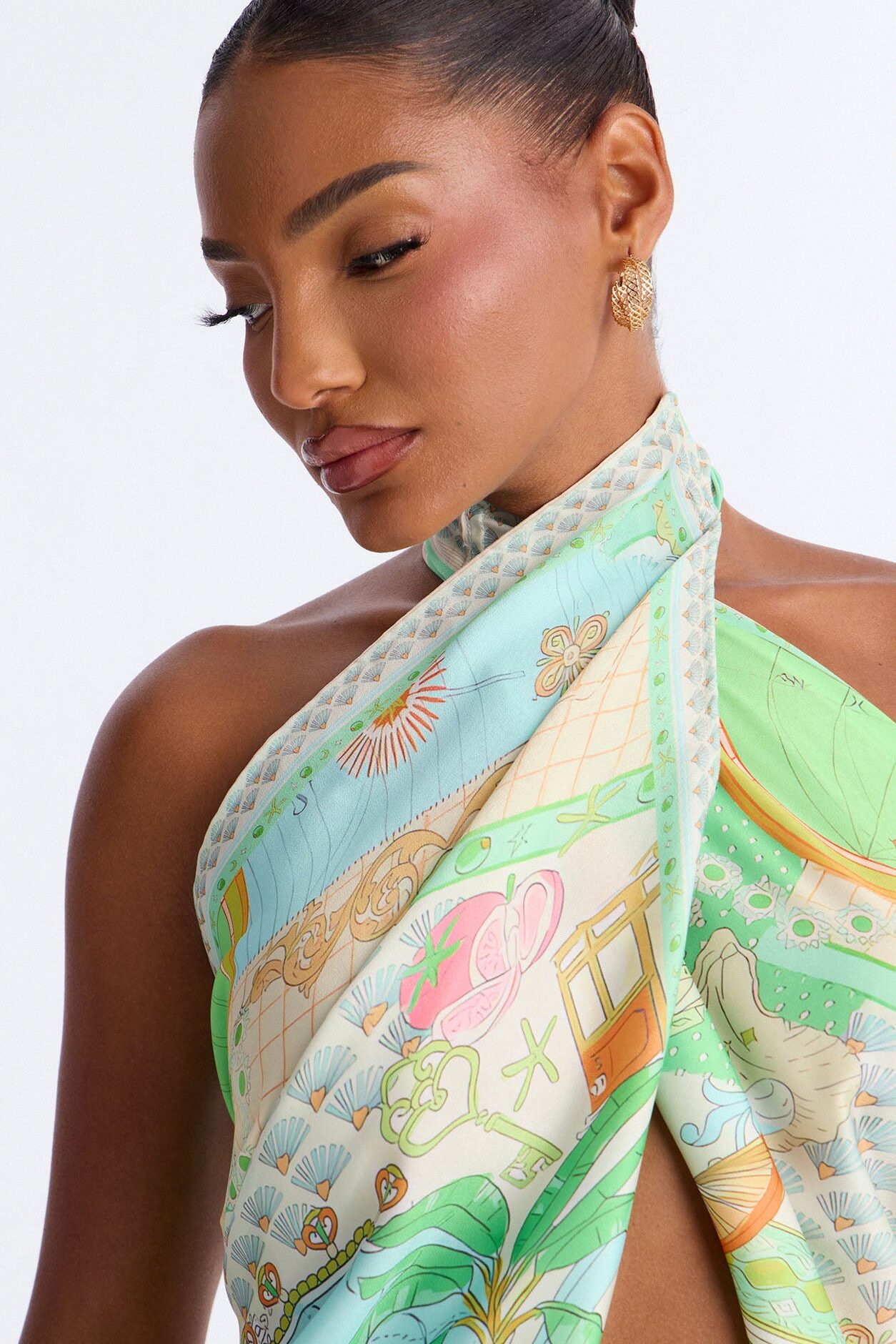 Muse With A View Mock Neck Satin Scarf Top - Multi Color