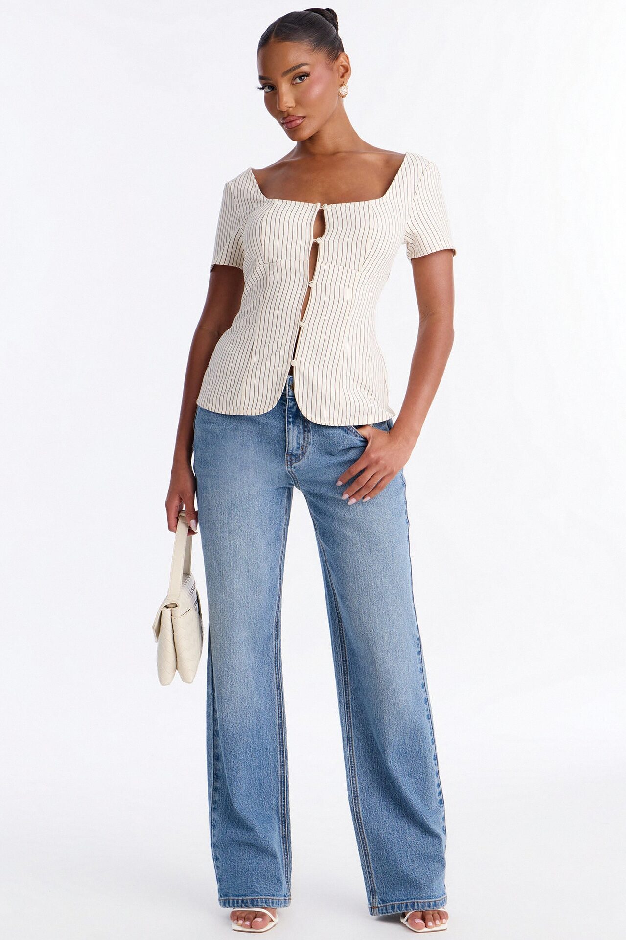 Arlette Poplin Button Up Short Sleeve Top - Cream/combo