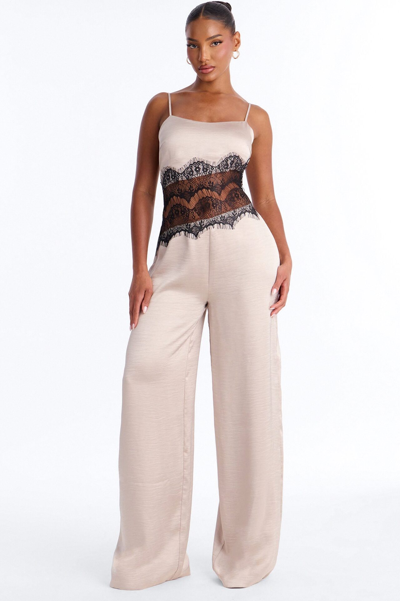 Francesca Lace Trim Wide Leg Jumpsuit - Taupe