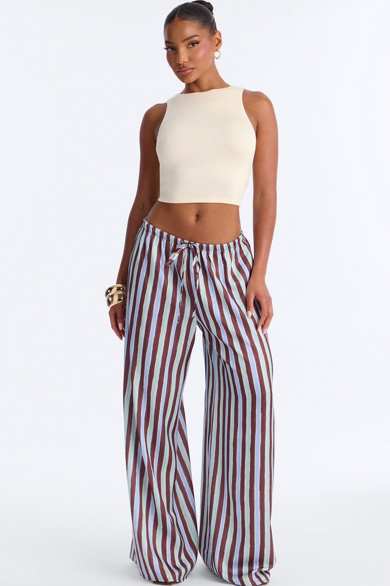 Vienna Mid Rise Satin Wide Leg Pant - Blue/combo