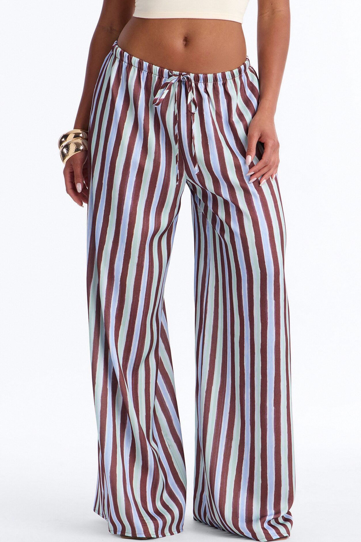 Vienna Mid Rise Satin Wide Leg Pant - Blue/combo