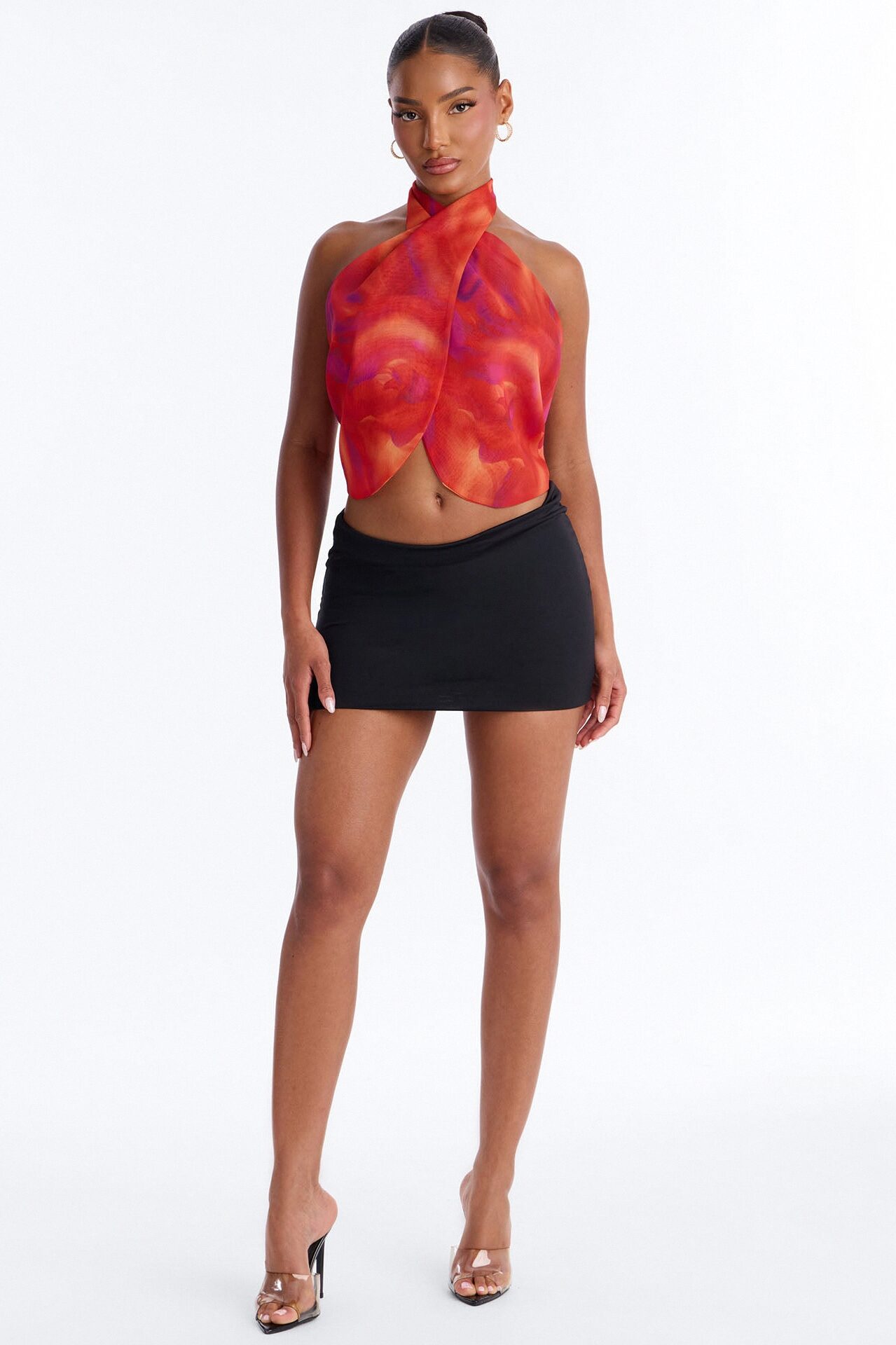 Bali Mornings Chiffon Tie Front Scarf Top - Red/combo