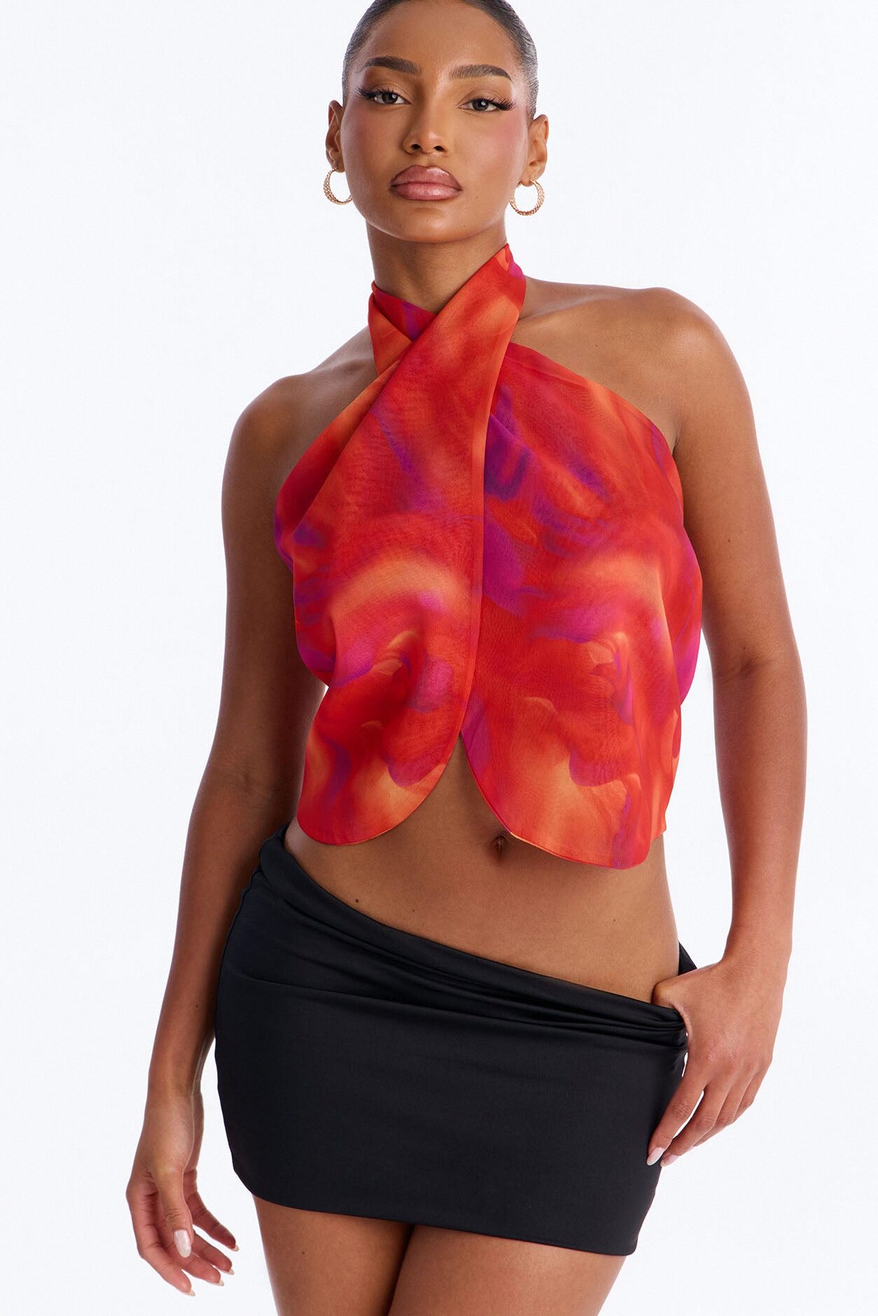 Bali Mornings Chiffon Tie Front Scarf Top - Red/combo