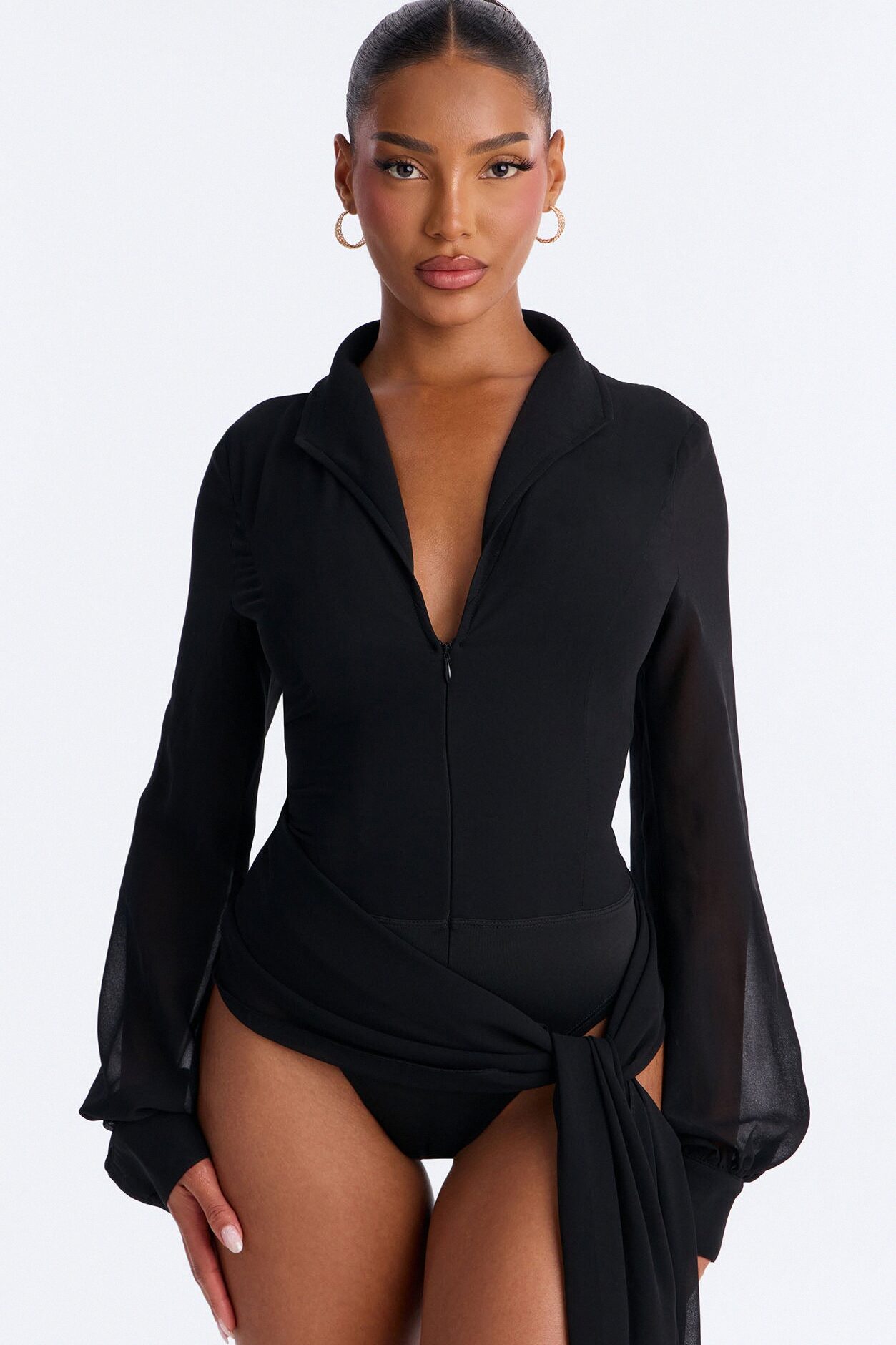 She Defines Chic Lace Up Chiffon Bodysuit - Black