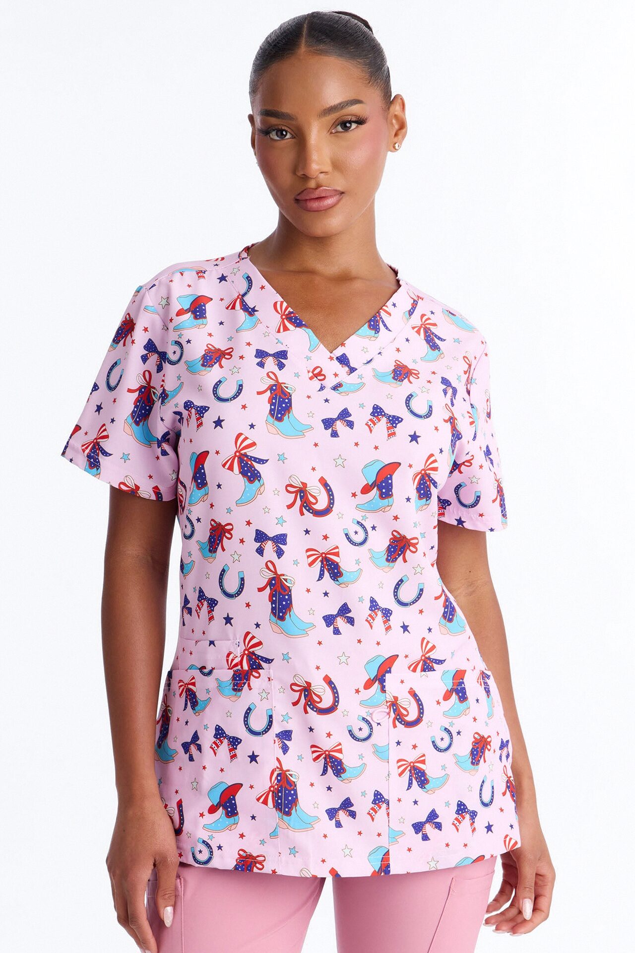 Red White & Boots Scrub Top - Pink/combo