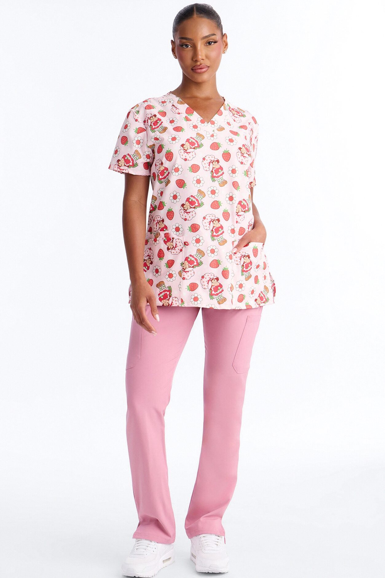Shortcake Sweetie Floral V-Neck Scrub Top - Pink/combo
