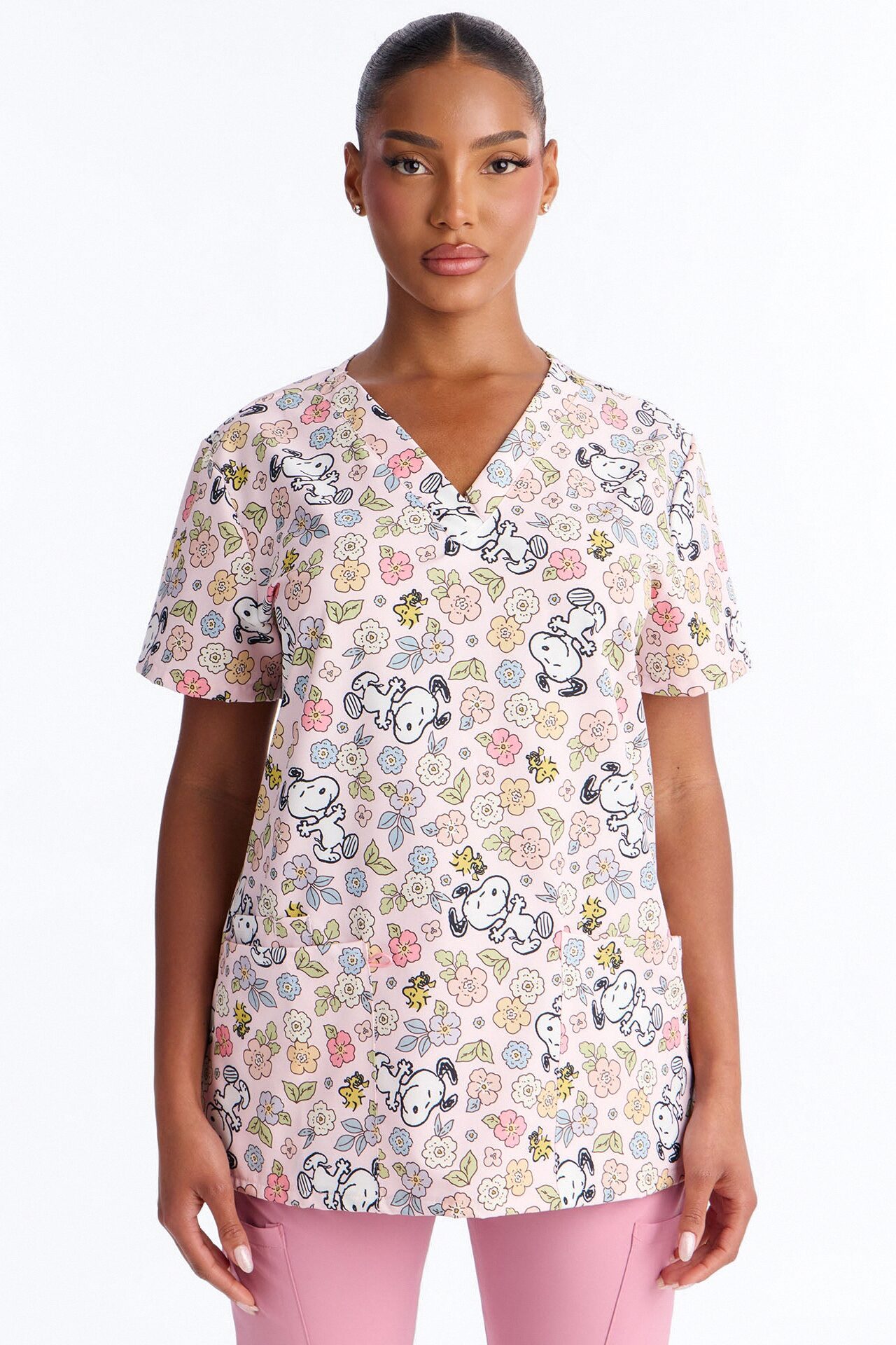 Snoopy & Peanut's Garden Floral V-Neck Scrub Top - Pink/combo