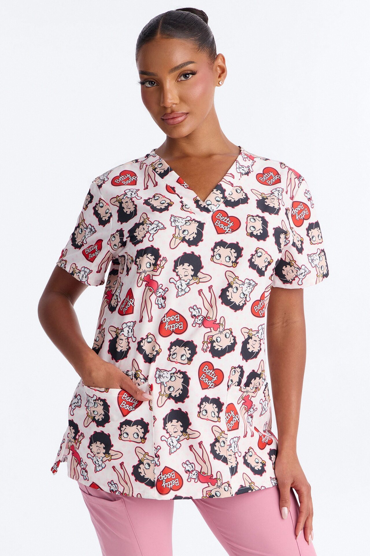 Betty Boop Polka Dot V Neck Scrub Top - Pink/combo