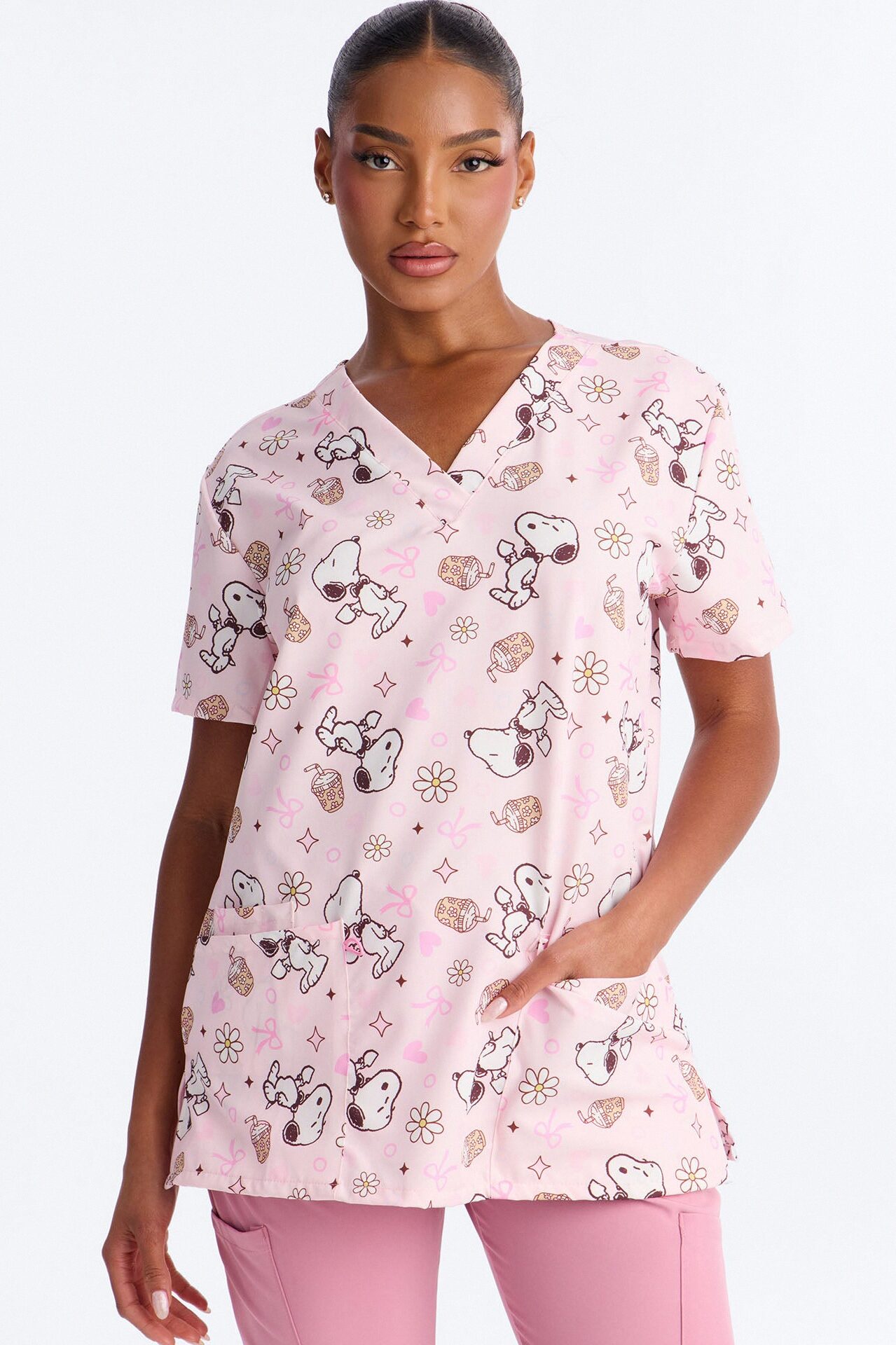 Mornings With Snoopy Floral Bow V-Neck Scrub Top - Pink/combo