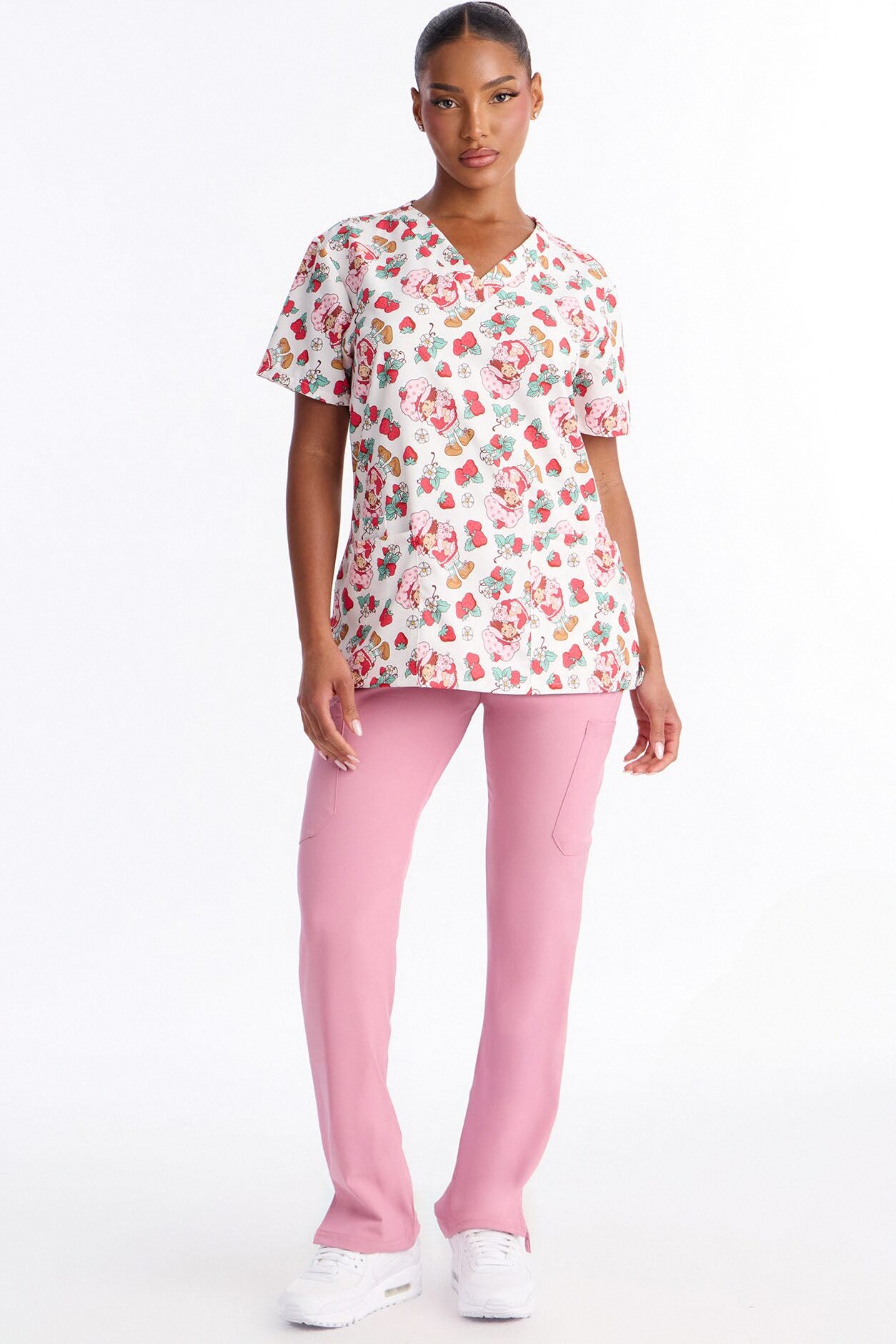 Be My Shortcake Floral V-Neck Scrub Top - White/combo