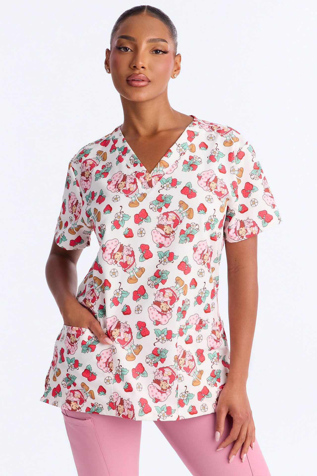 Be My Shortcake Floral V-Neck Scrub Top - White/combo