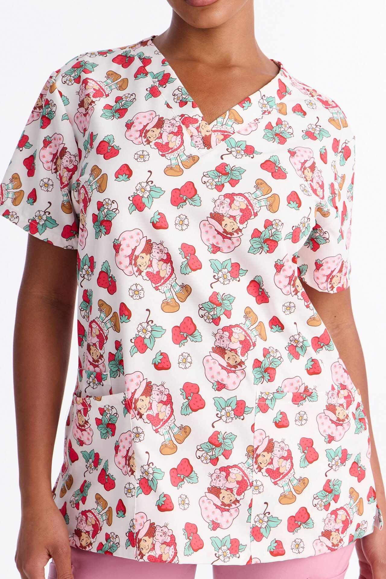 Be My Shortcake Floral V-Neck Scrub Top - White/combo