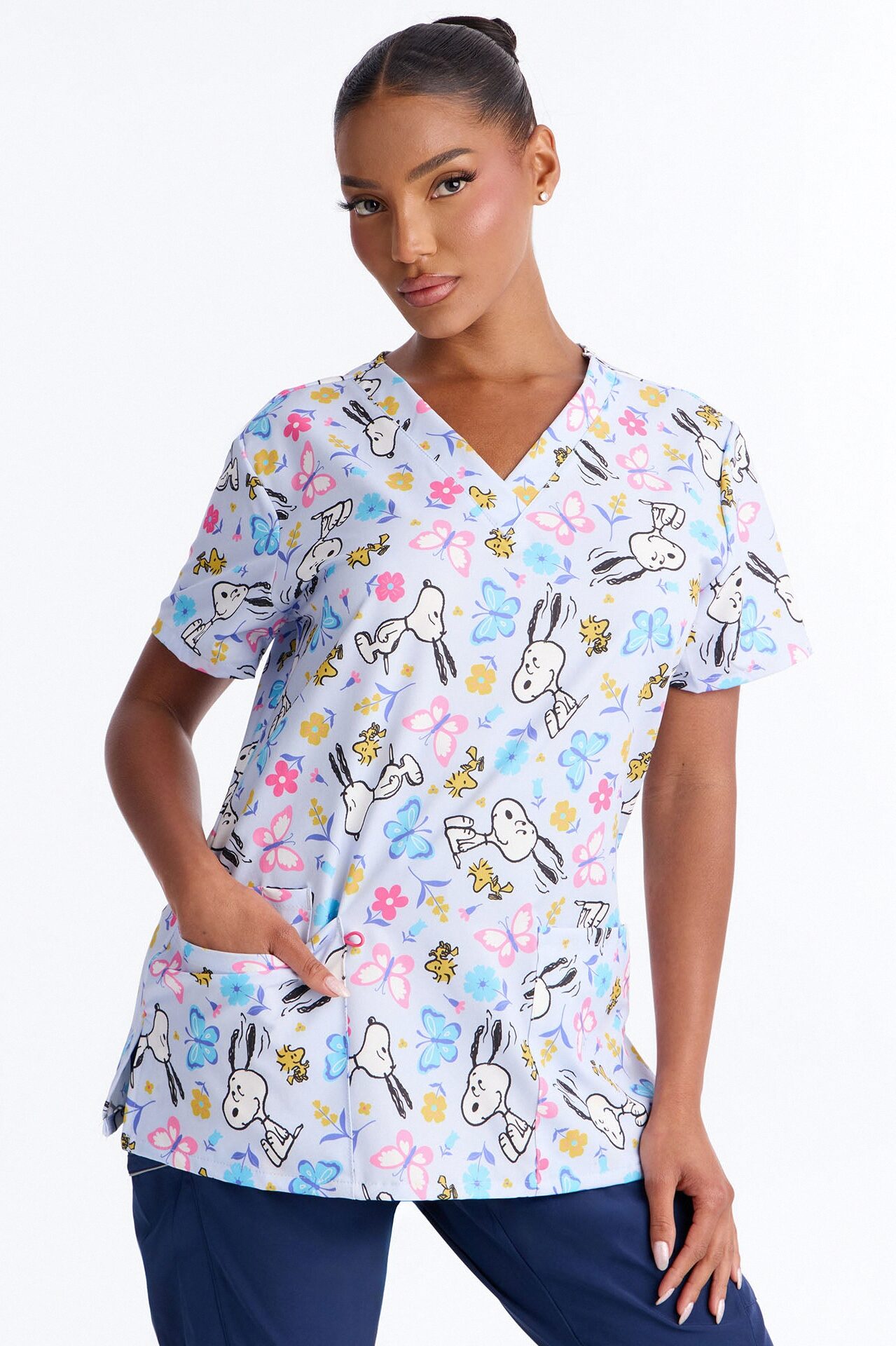 Day In The Garden Floral Butterfly V-Neck Scrub Top - Purple/combo