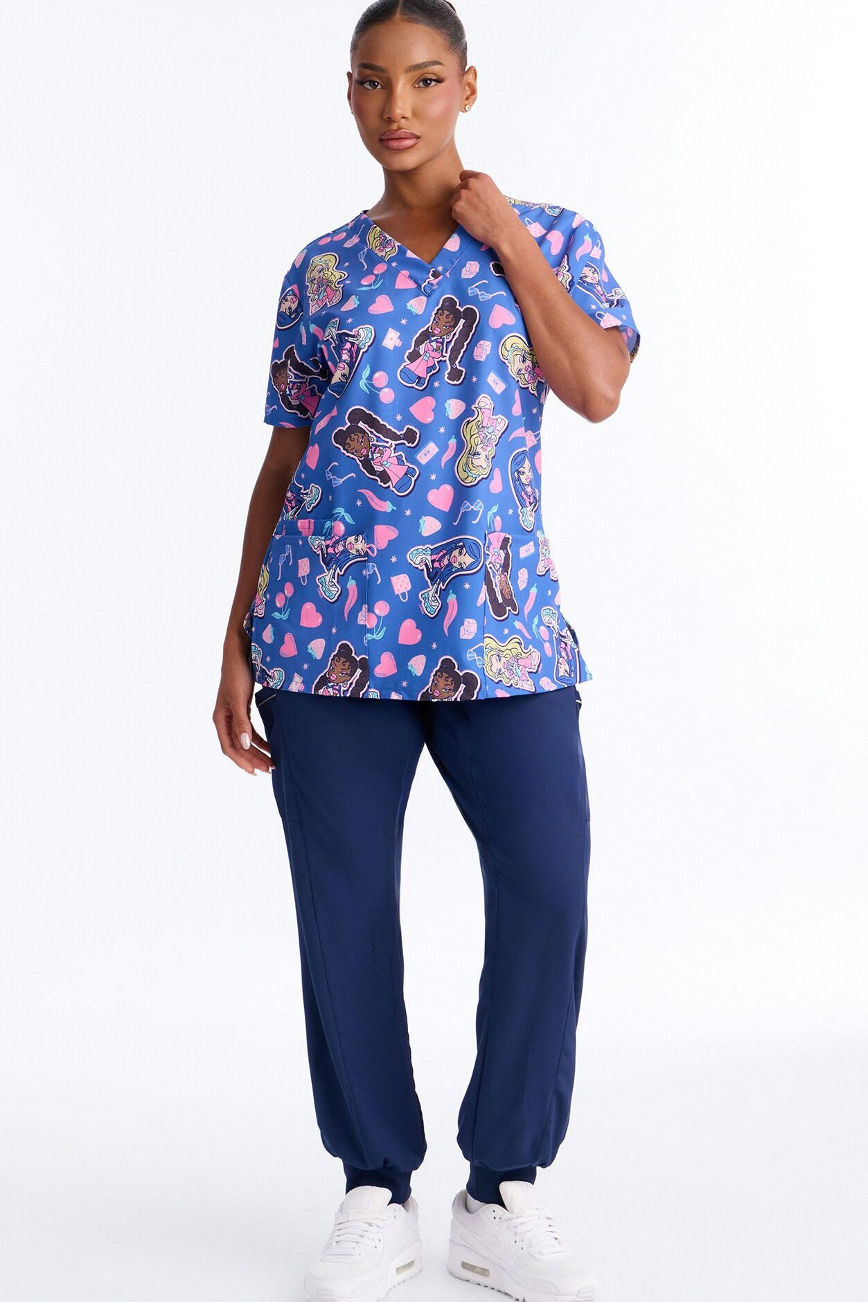 Iconic Retro Bratz V-Neck Scrub Top - Blue/combo