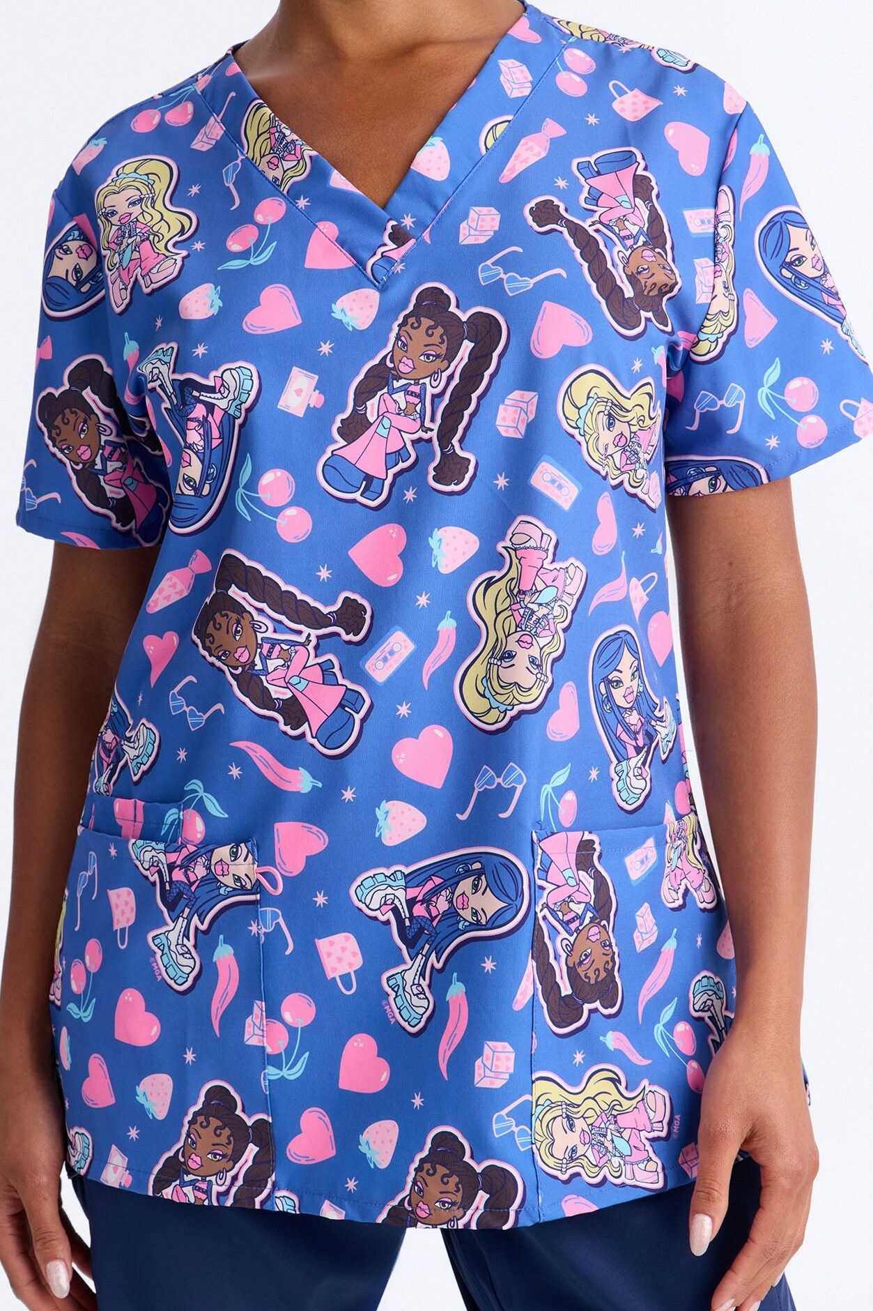 Iconic Retro Bratz V-Neck Scrub Top - Blue/combo