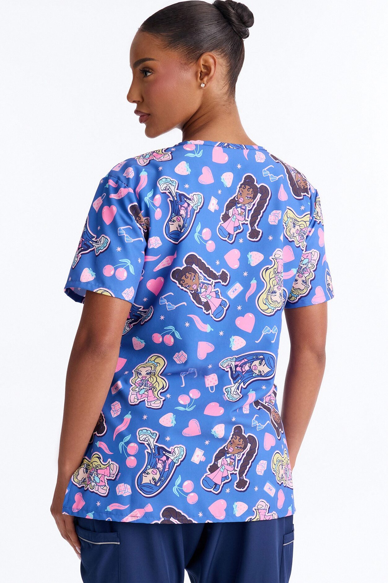 Iconic Retro Bratz V-Neck Scrub Top - Blue/combo
