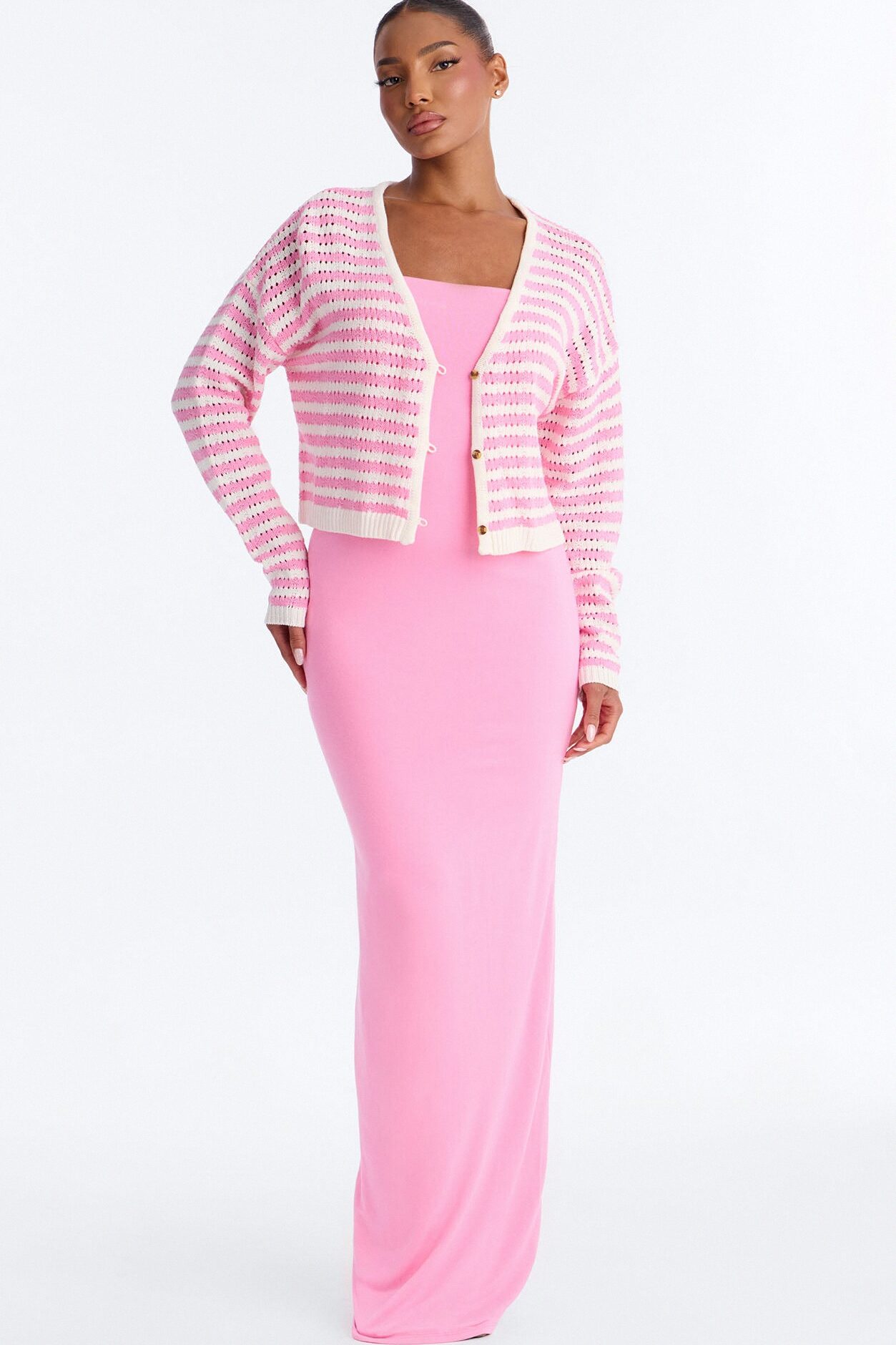 Gigi 2 Piece Maxi Dress Cardigan Set - Pink