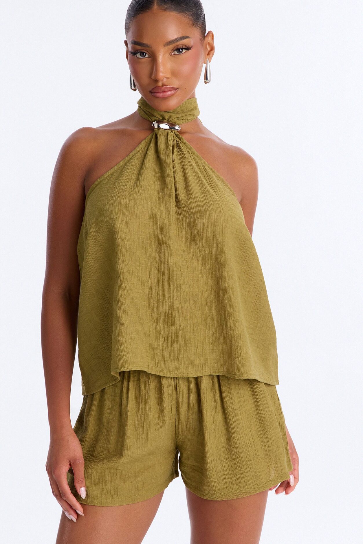 Chloe Halter Textured Short Set - Olive
