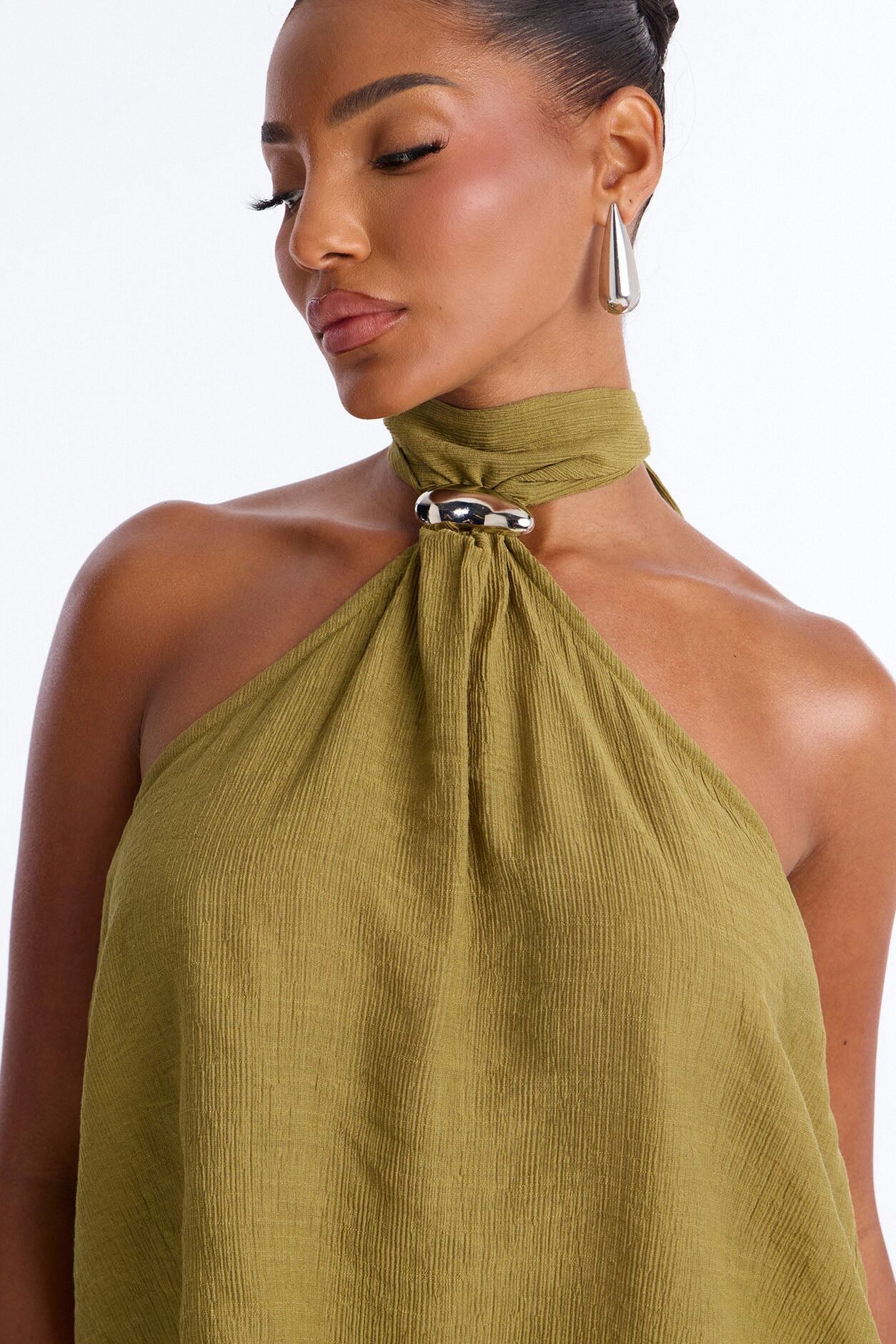 Chloe Halter Textured Short Set - Olive
