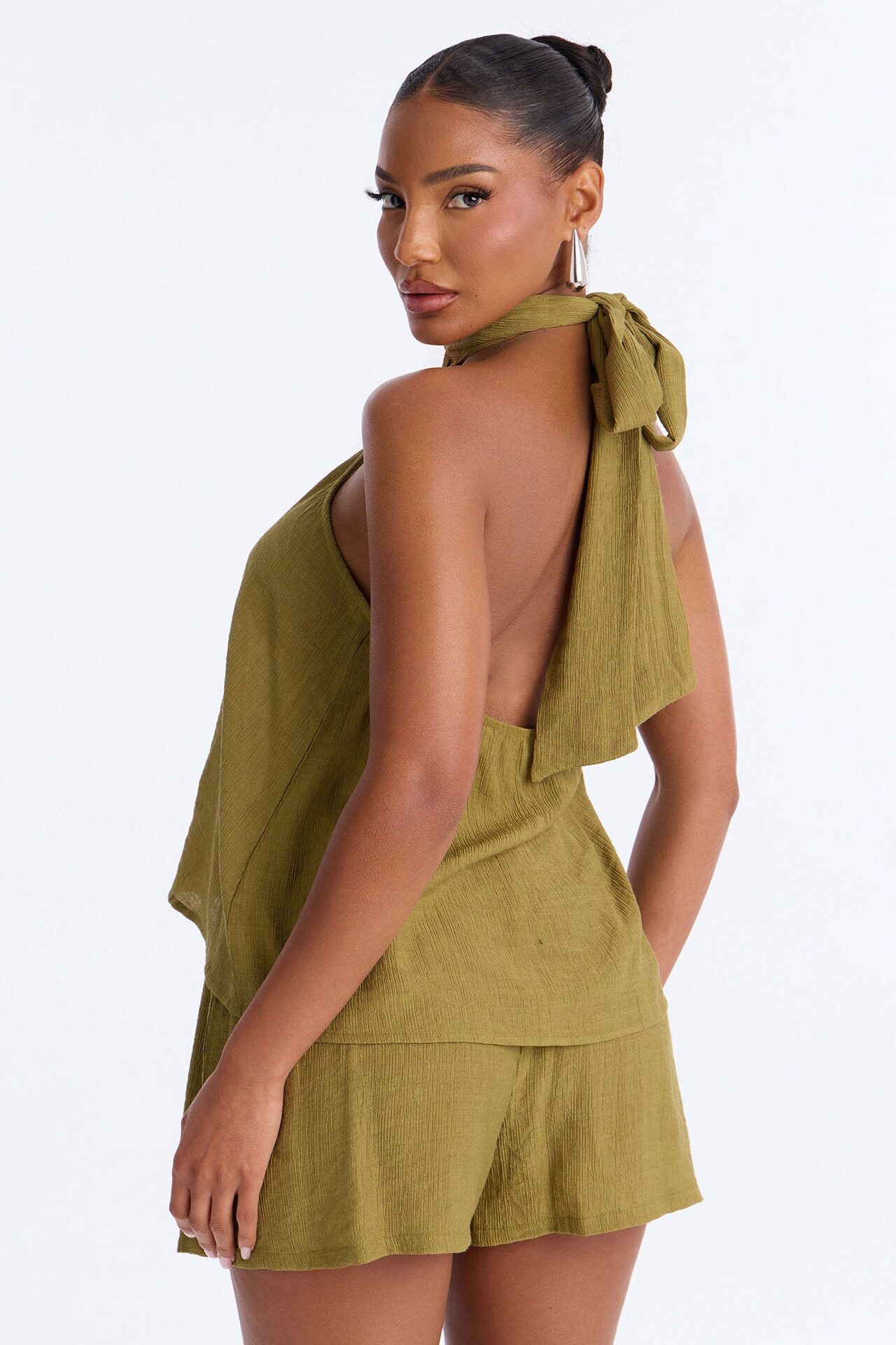 Chloe Halter Textured Short Set - Olive